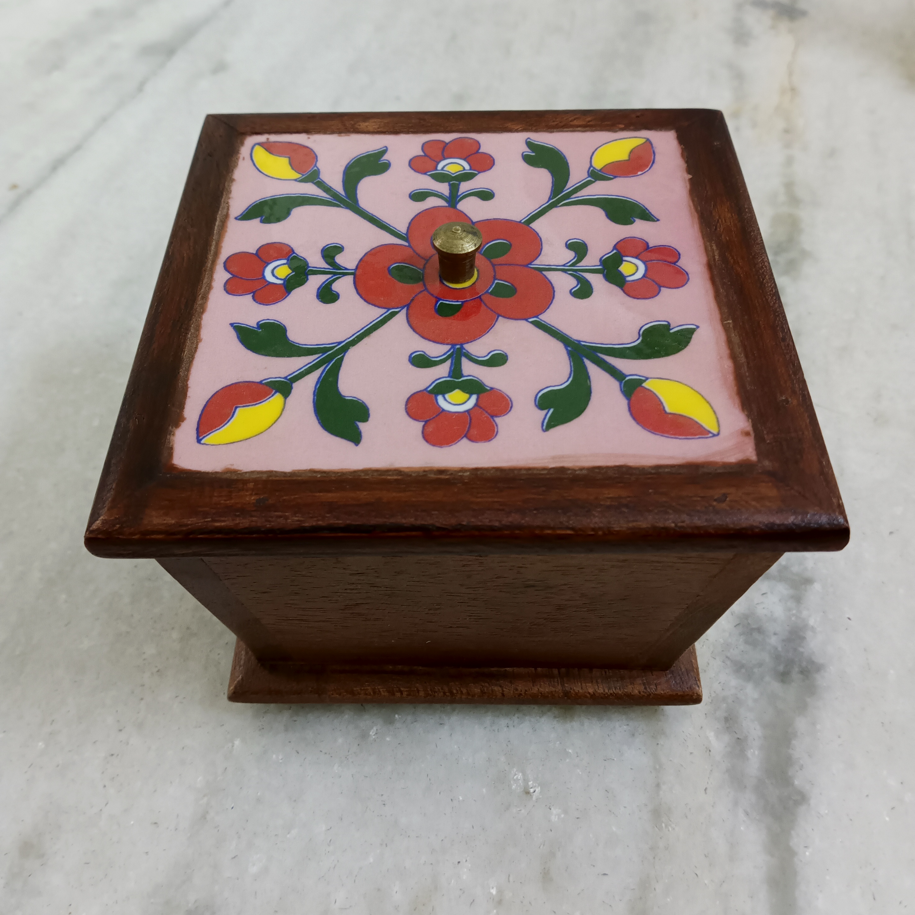 Wooden Decorative Box with laid in Ceramic Lid - Pink