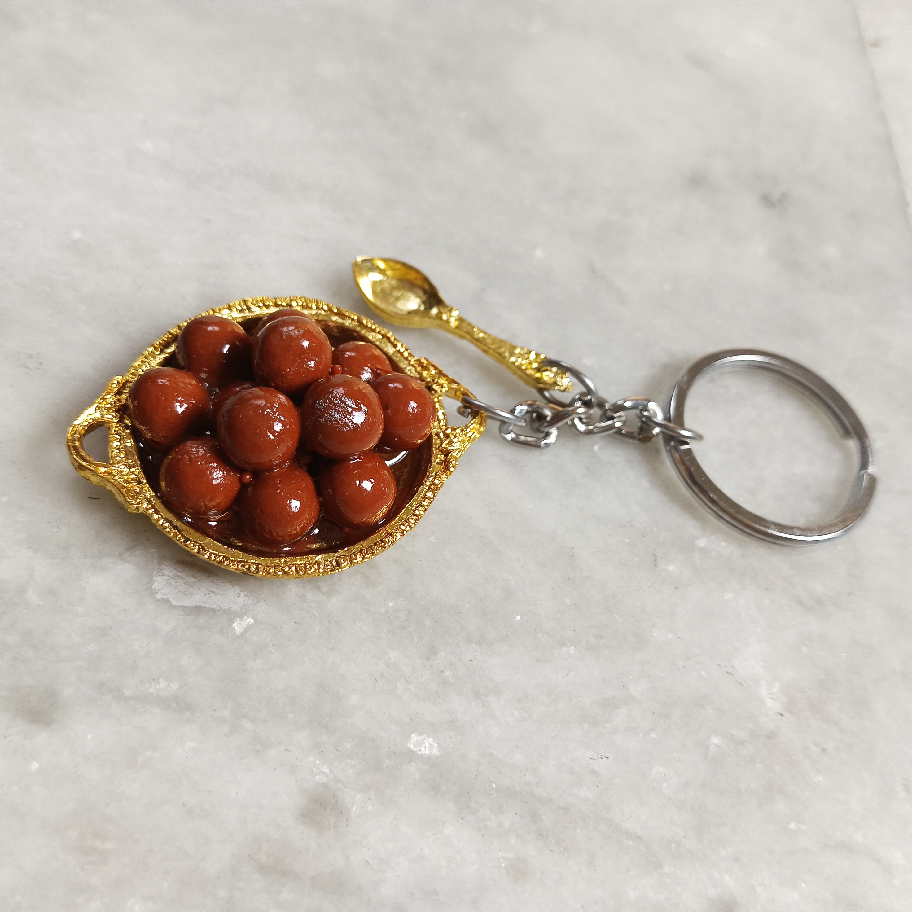 Miniature Gulab Jamun on Golden Thali Keychain