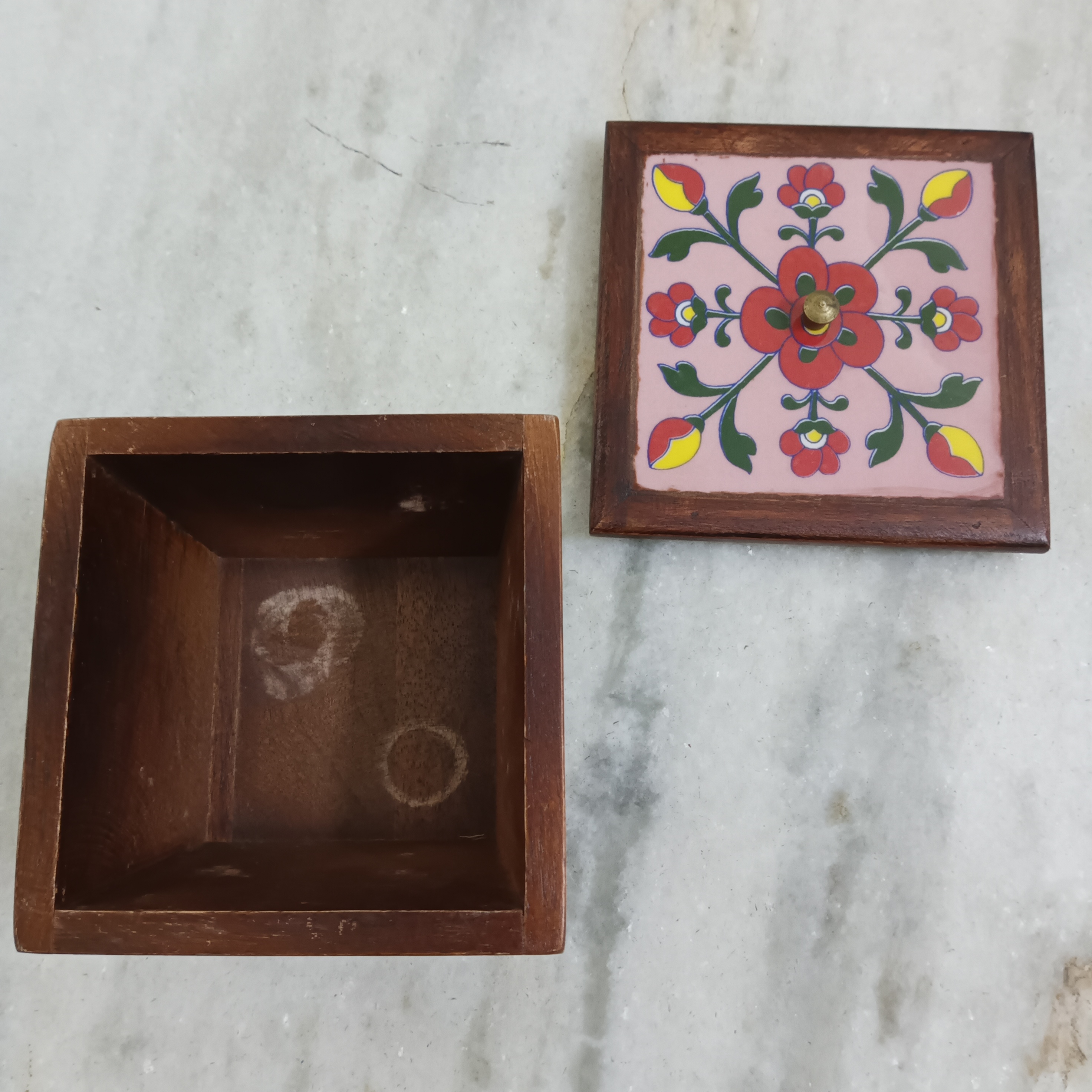 Wooden Decorative Box with laid in Ceramic Lid - Pink
