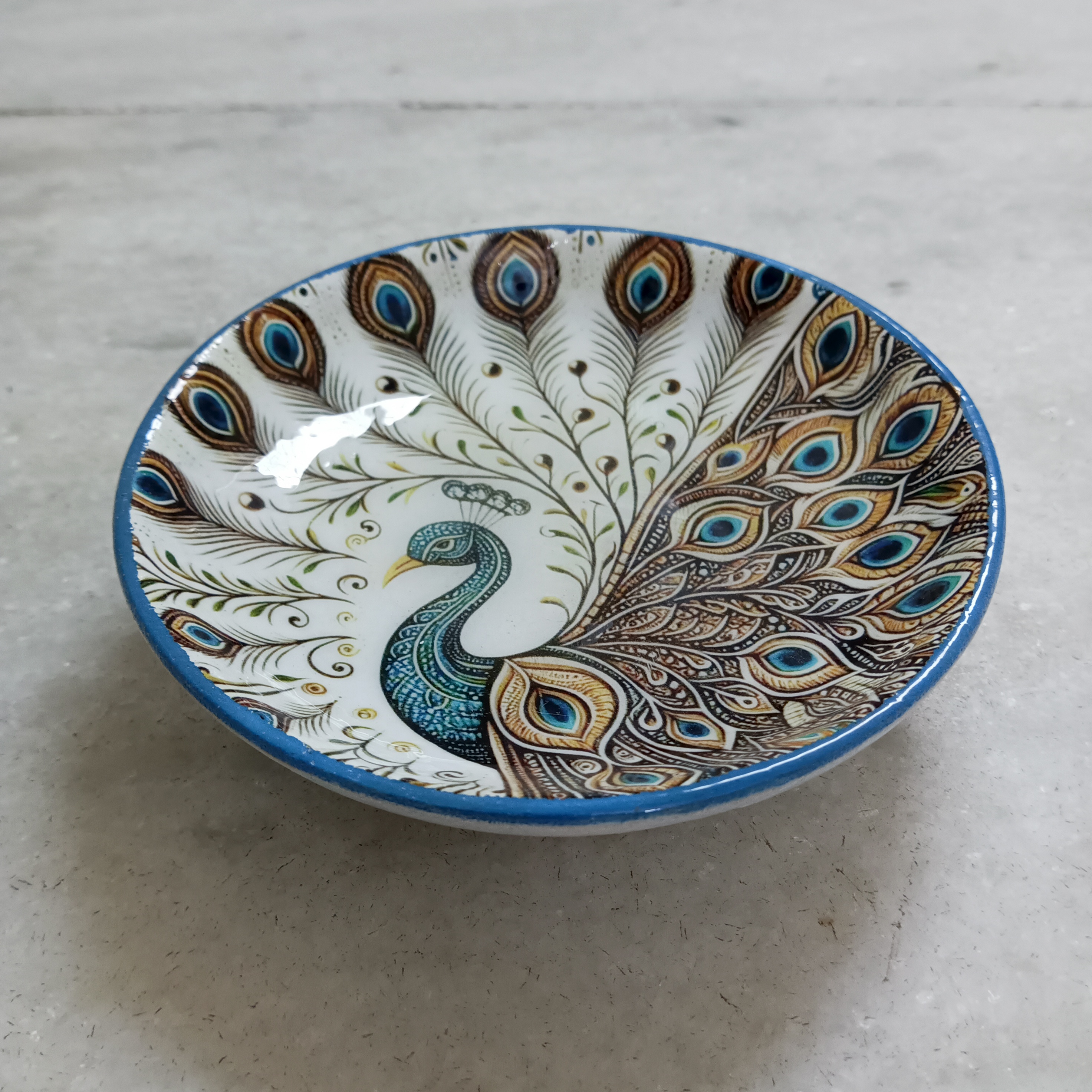 Peacock Ceramic Plate - Small Blue Edge