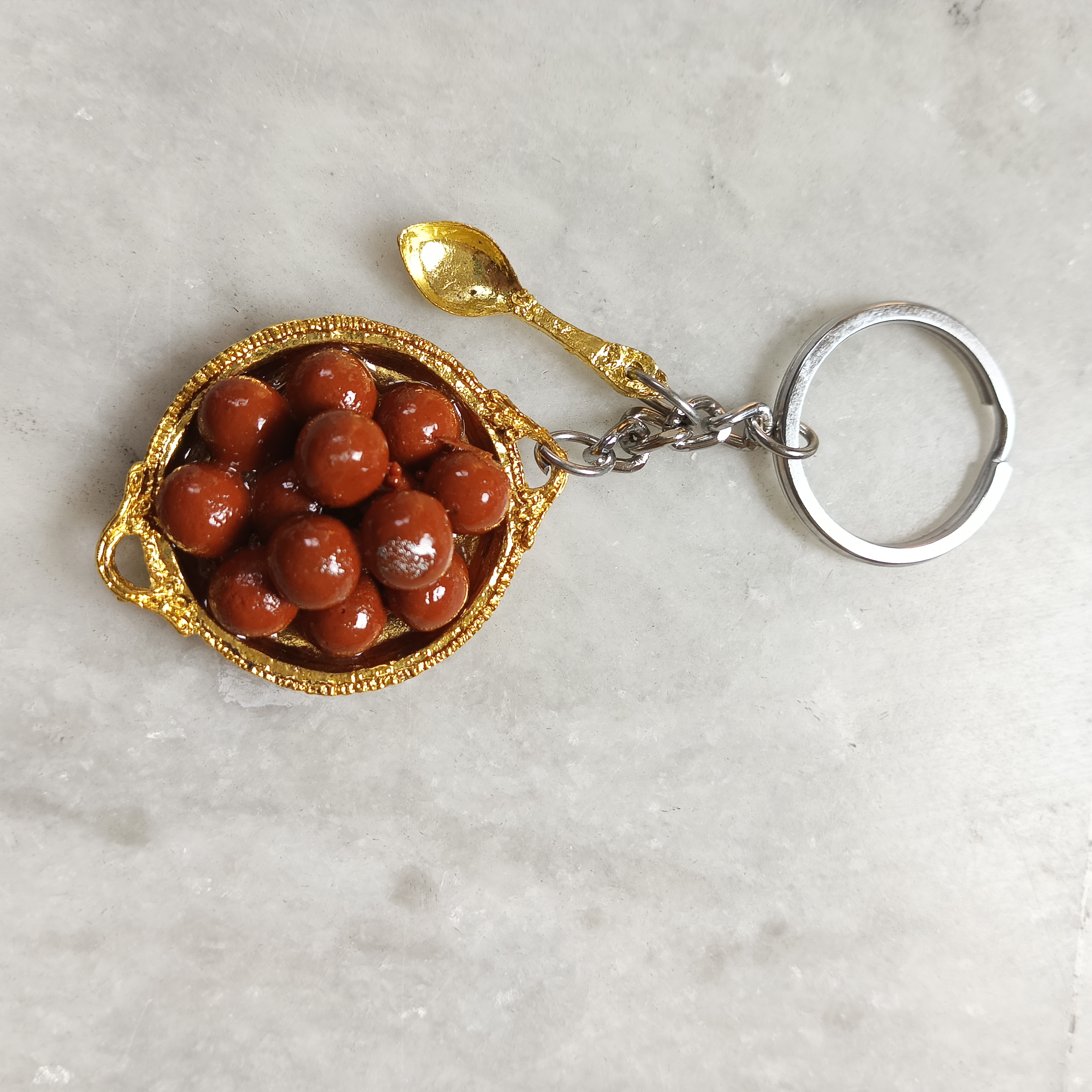 Miniature Gulab Jamun on Golden Thali Keychain