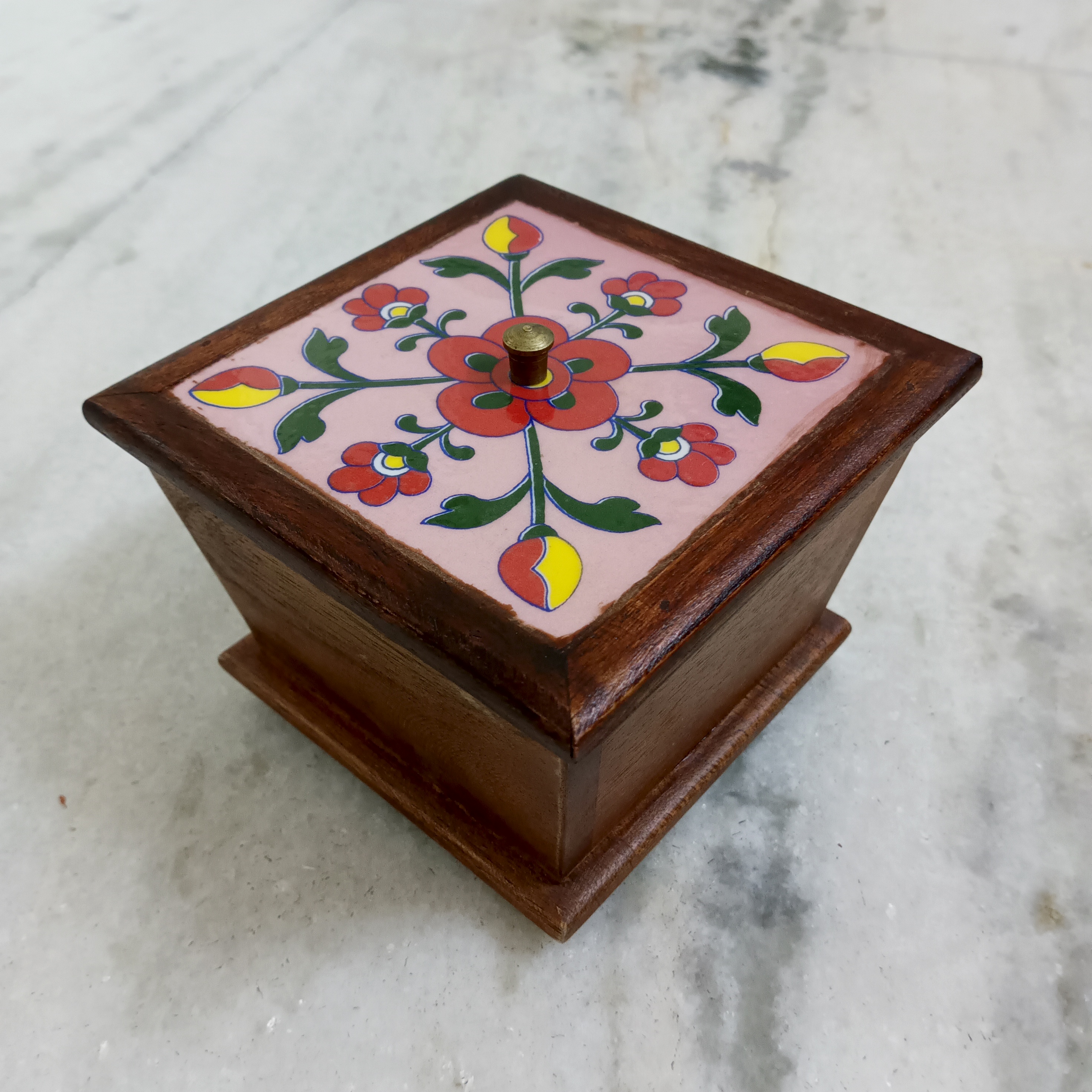 Wooden Decorative Box with laid in Ceramic Lid - Pink
