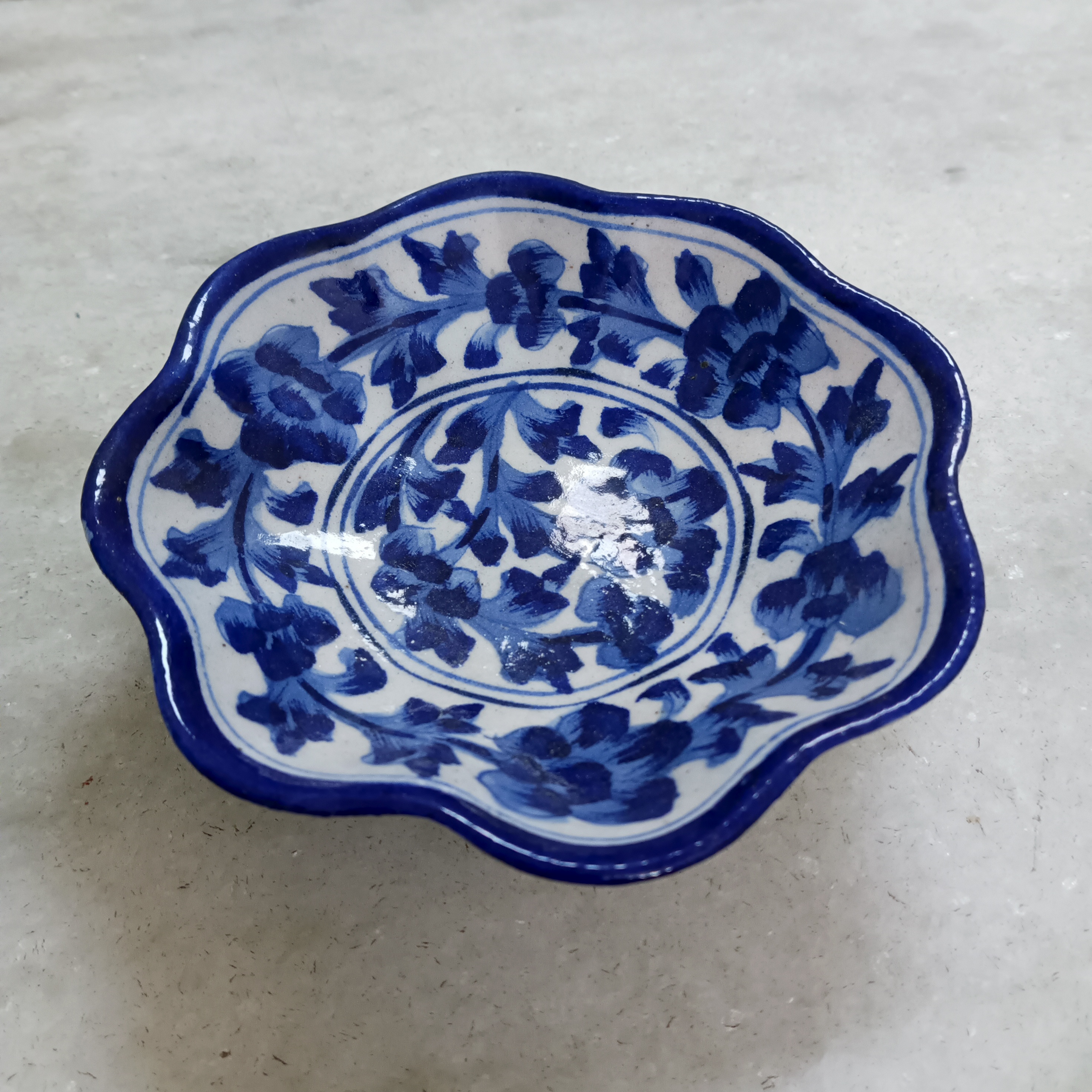 Floral Ceramic Bowl - White on Blue