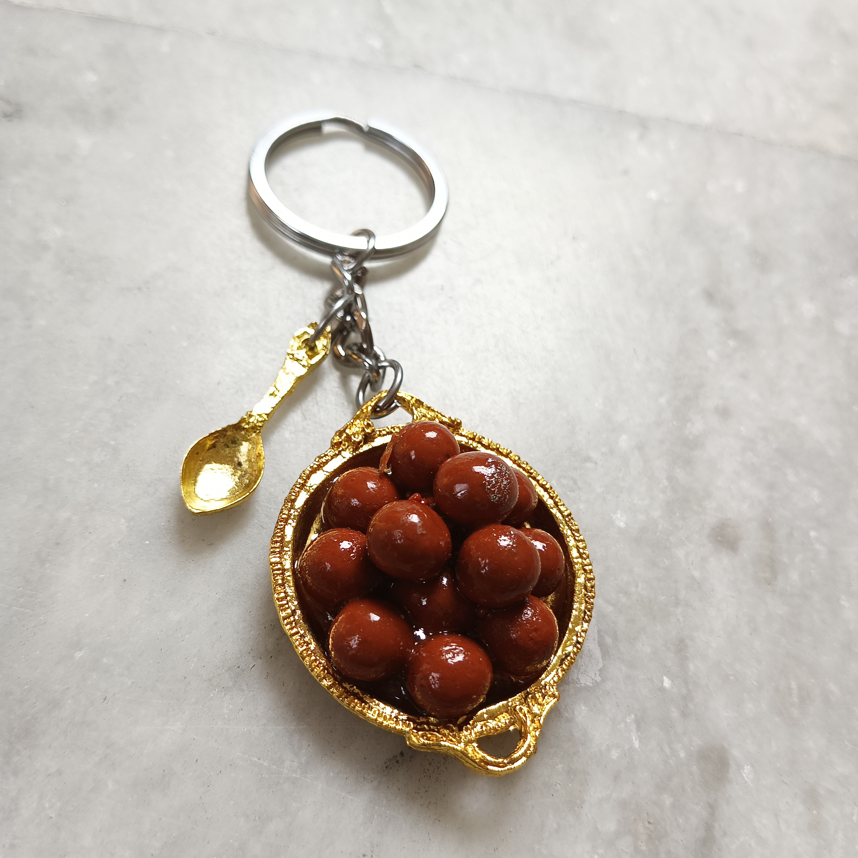 Miniature Gulab Jamun on Golden Thali Keychain
