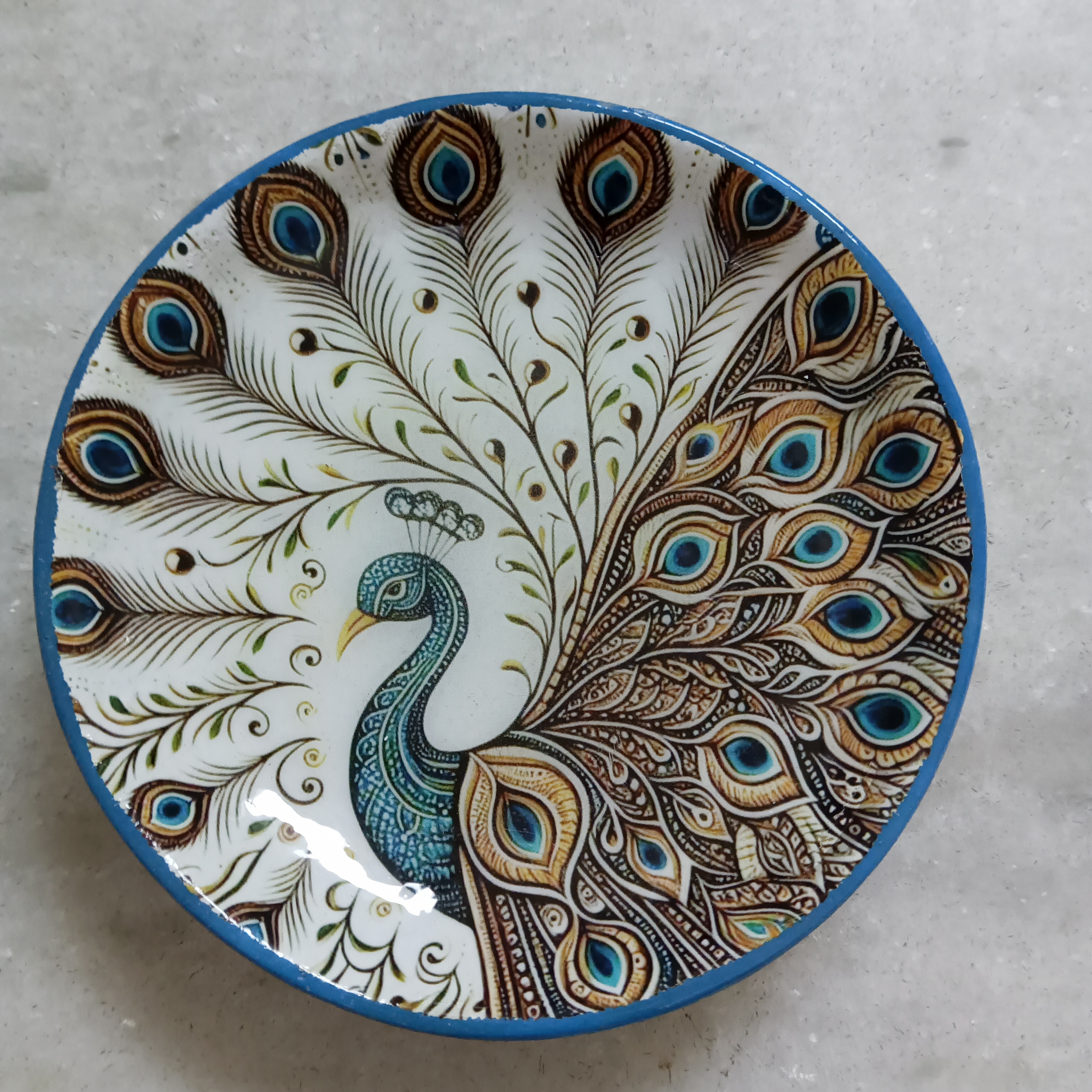 Peacock Ceramic Plate - Small Blue Edge