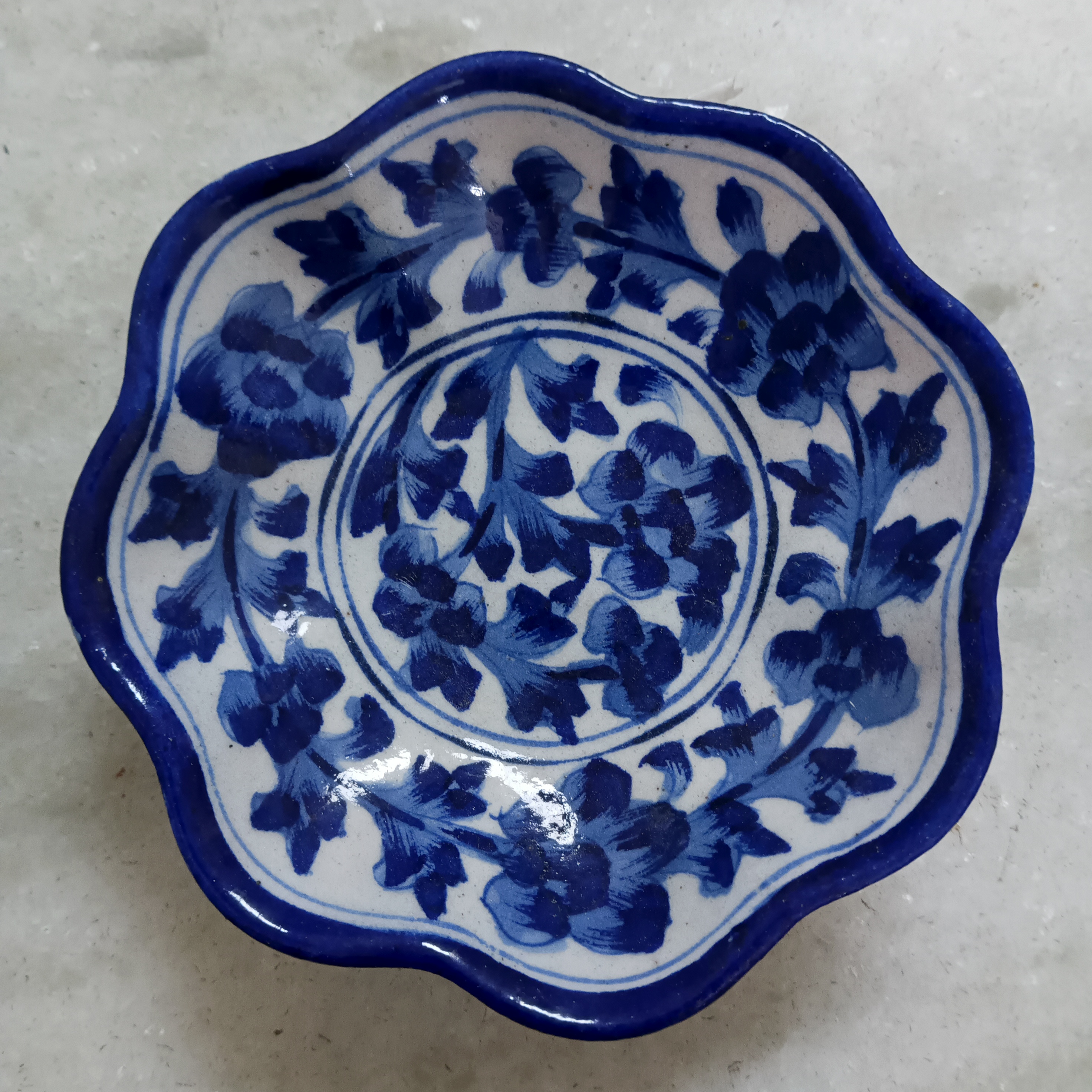 Floral Ceramic Bowl - White on Blue