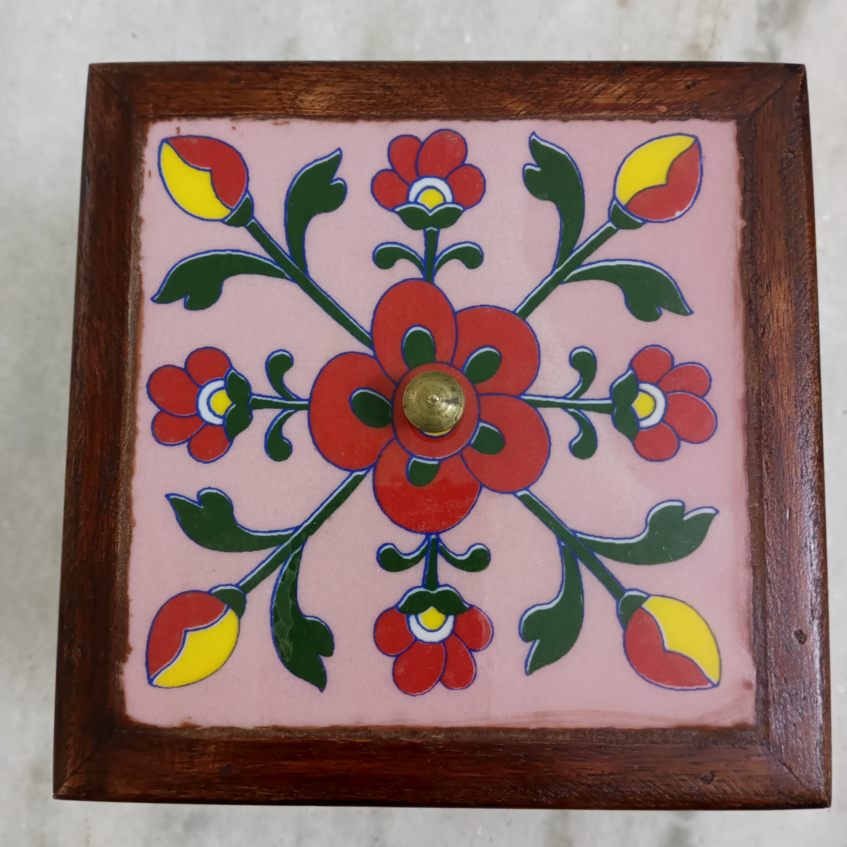 Wooden Decorative Box with laid in Ceramic Lid - Pink