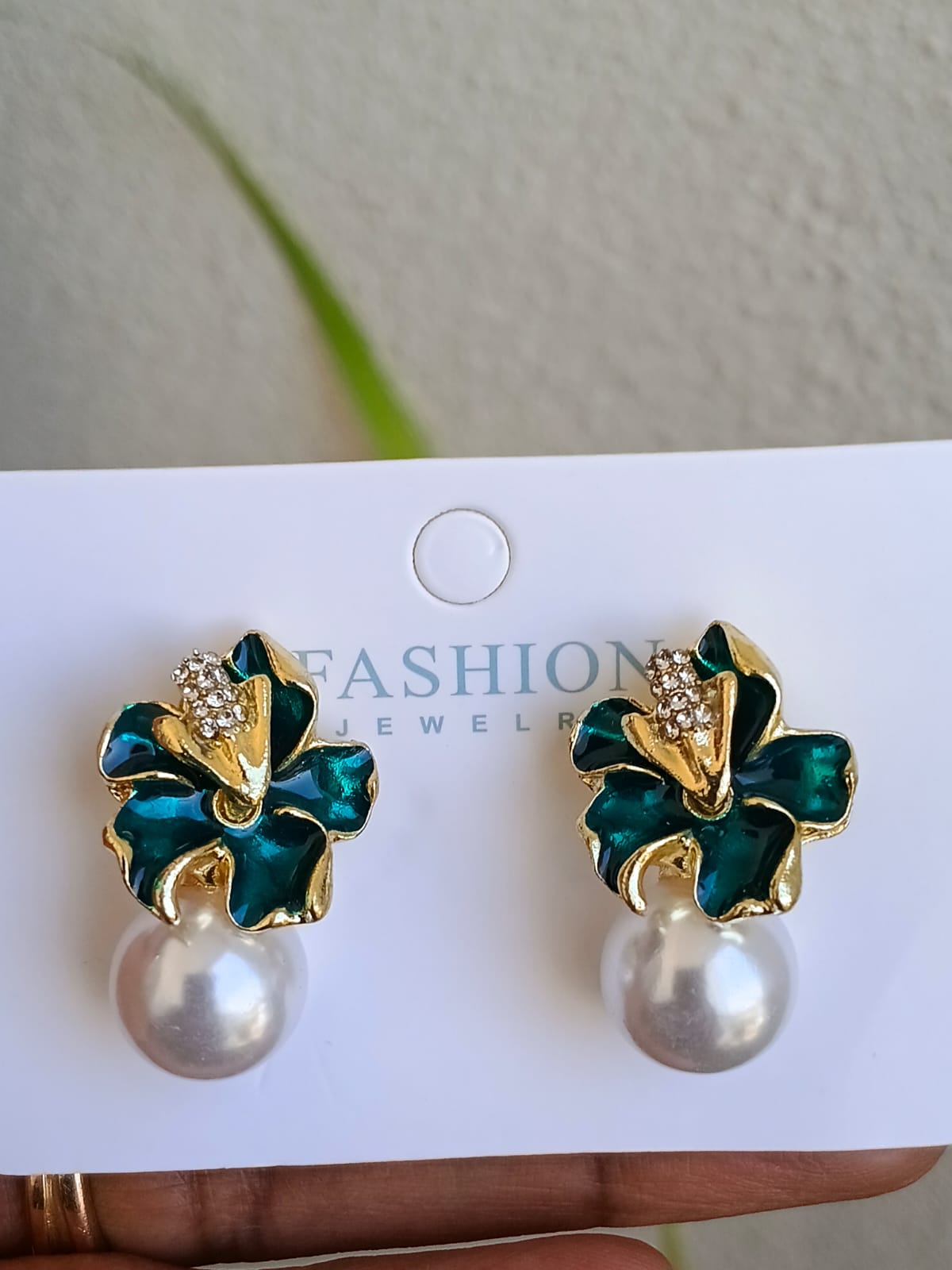 Emerald coloured Floral Pearl Drop Earrings