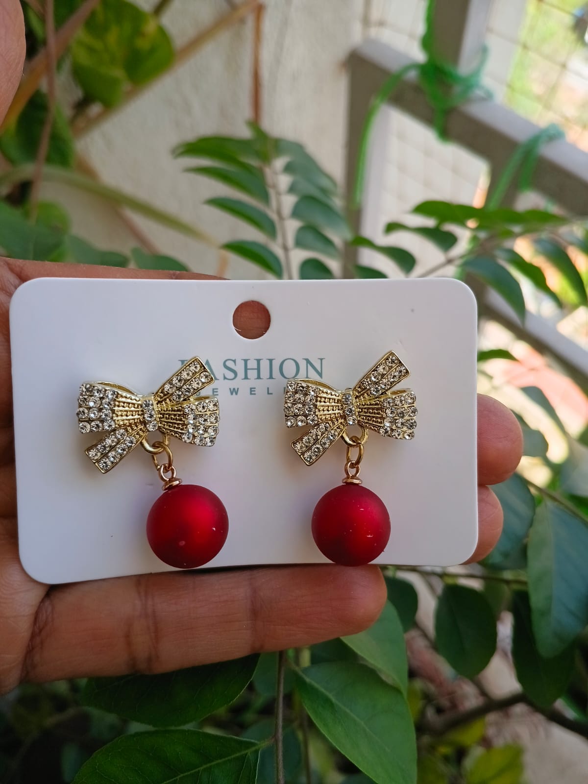Crystal Bow Red Ball Earrings