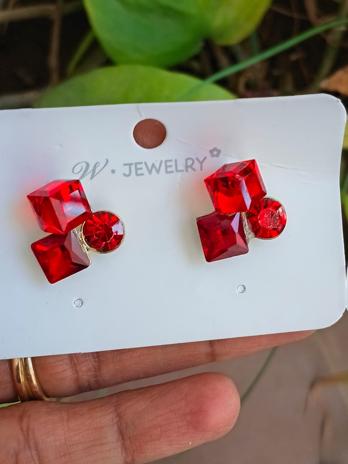 Red Gemstone GeometriStud Earrings