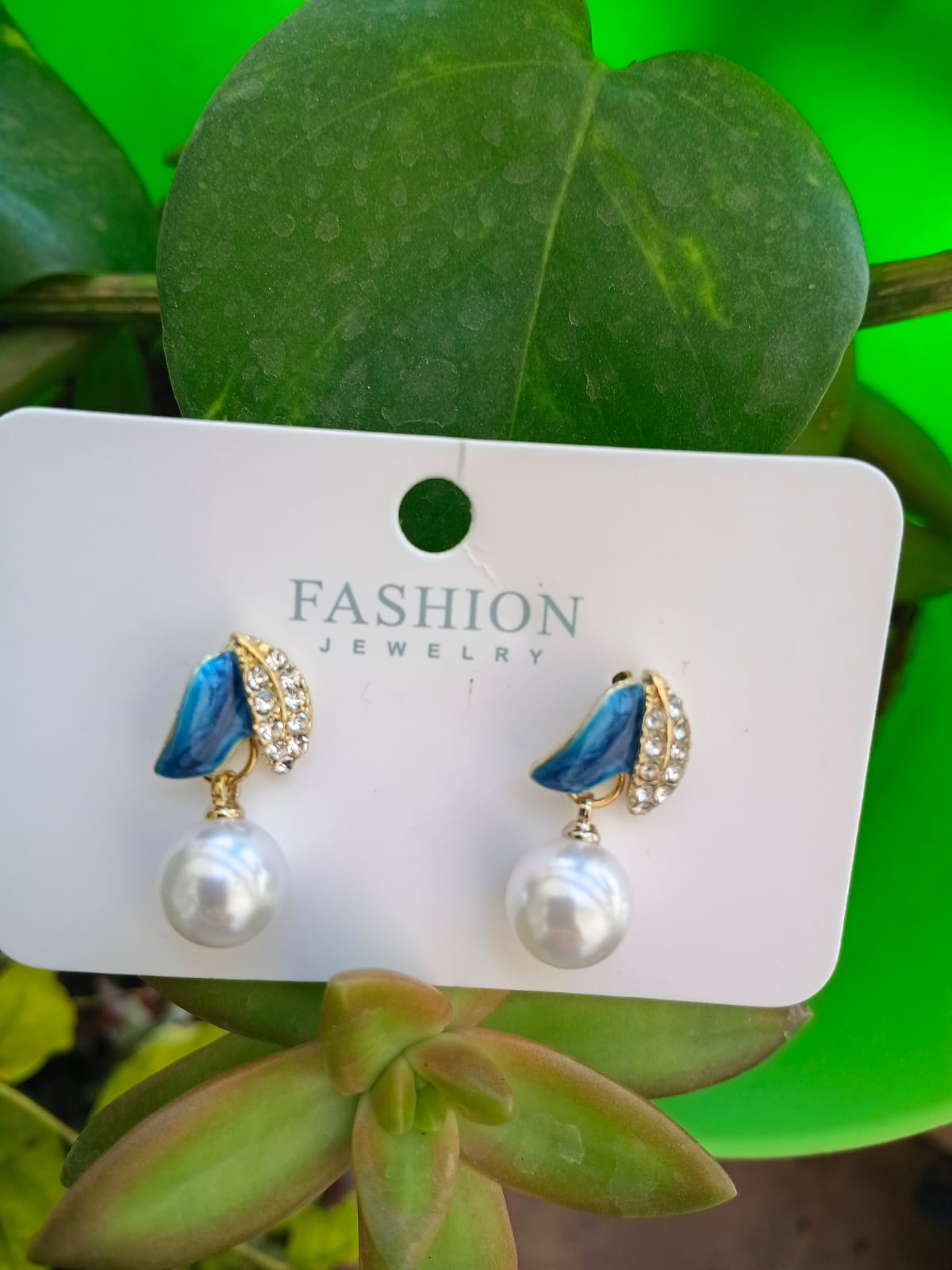 Blue Leaf & Pearl Earrings