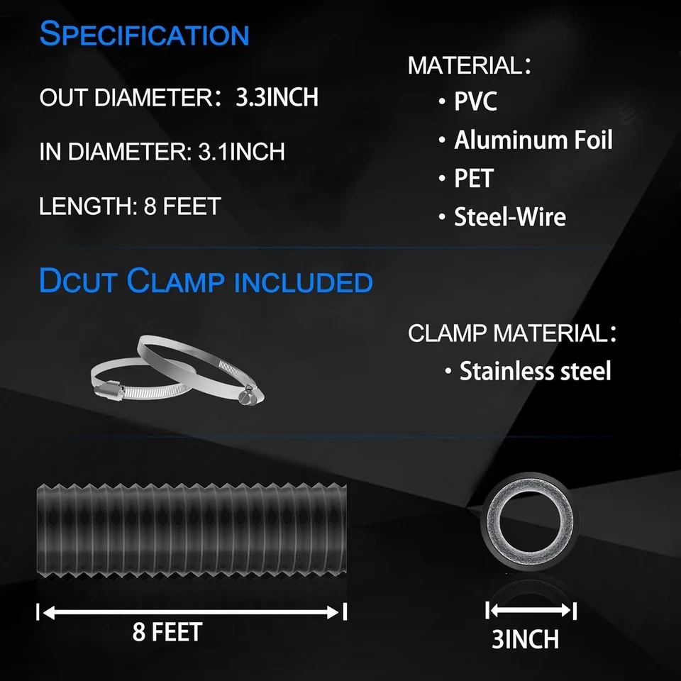 3 Inch x 8 Feet Flexible Insulated Diesel Heater Hose