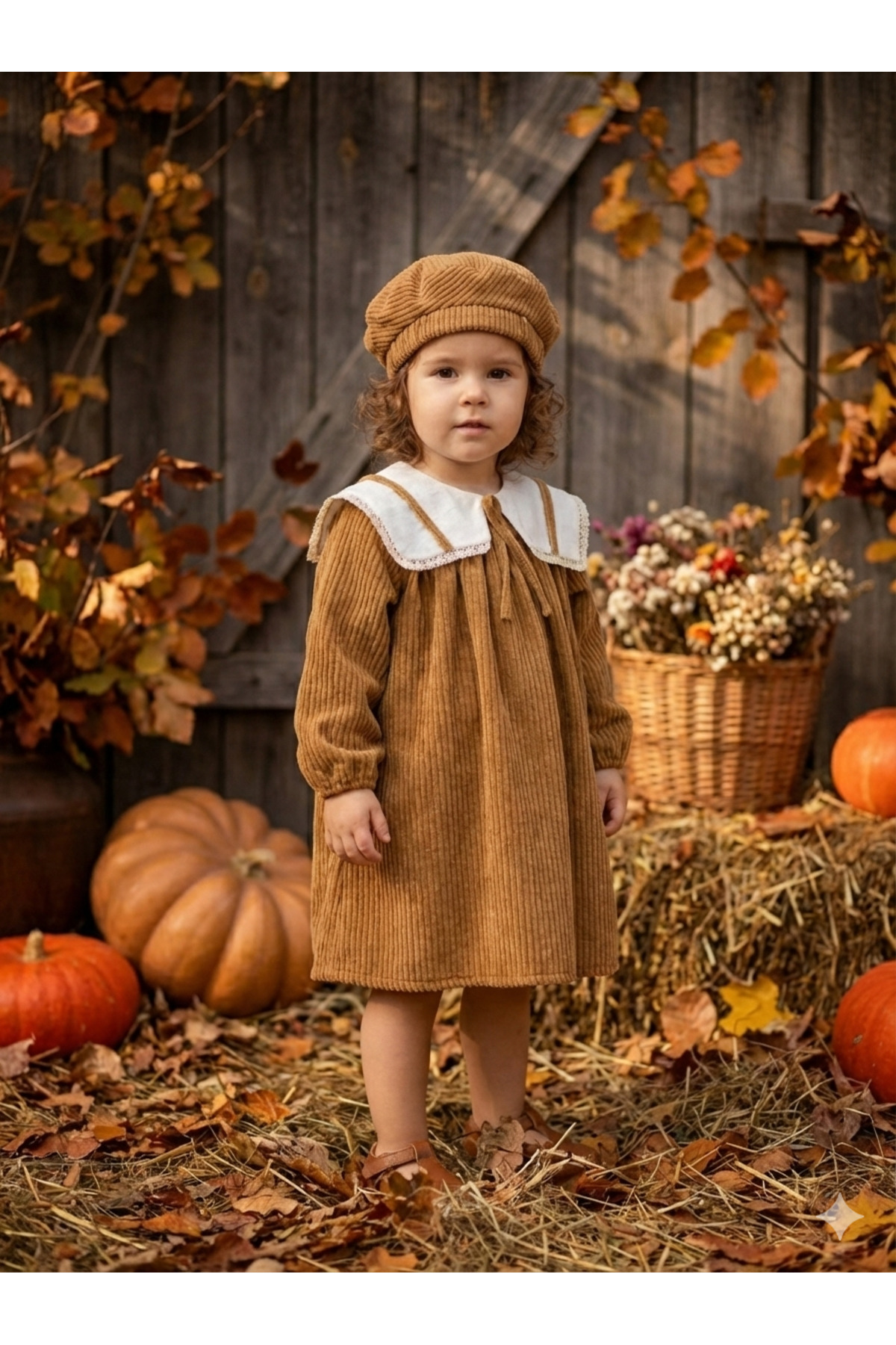 Hazel Vintage Fitilli Kadife Kız Çocuk Elbise ve Ressam Şapka
