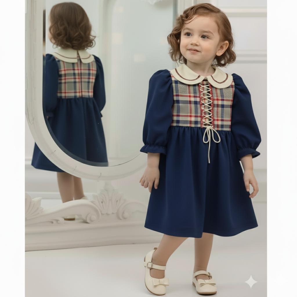 Blend Nakışlı Yakalı Ekose Korsaj Detaylı Lacivert Kız Çocuk Bebek Elbisesi