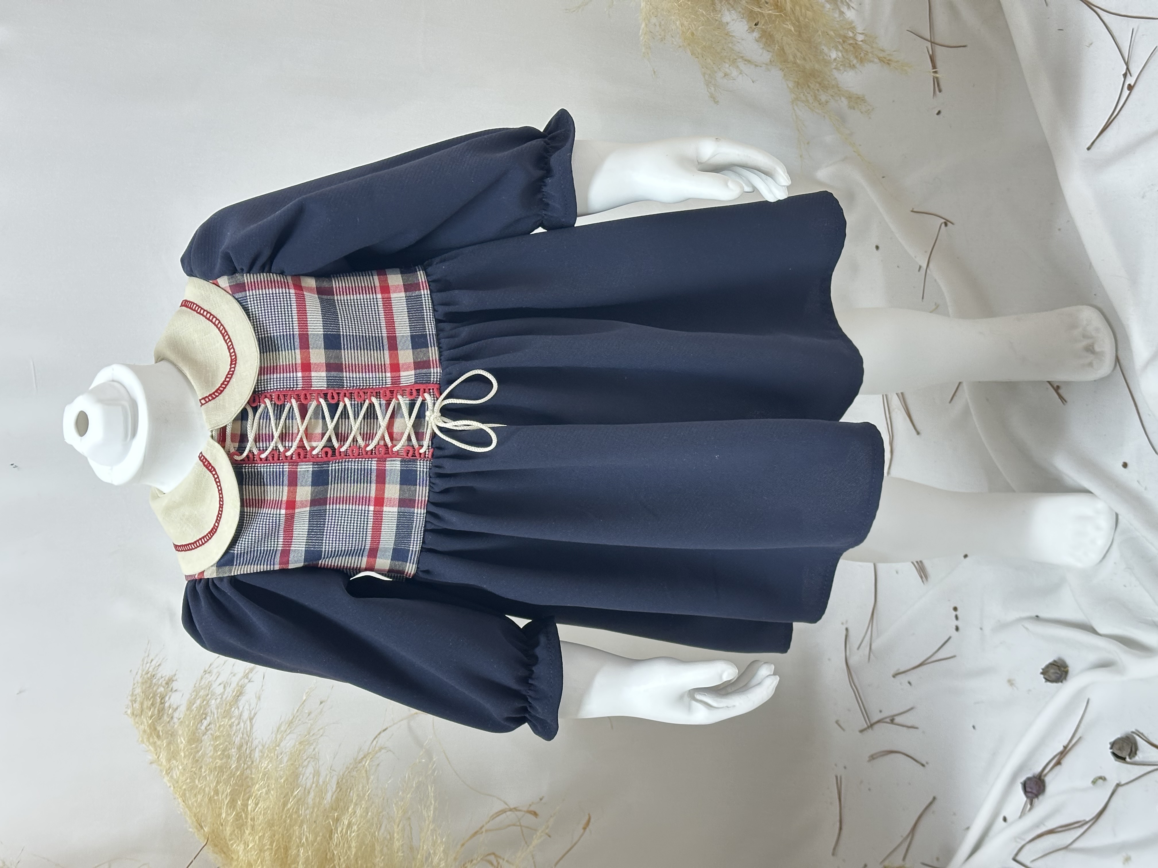 Blend Nakışlı Yakalı Ekose Korsaj Detaylı Lacivert Kız Çocuk Bebek Elbisesi