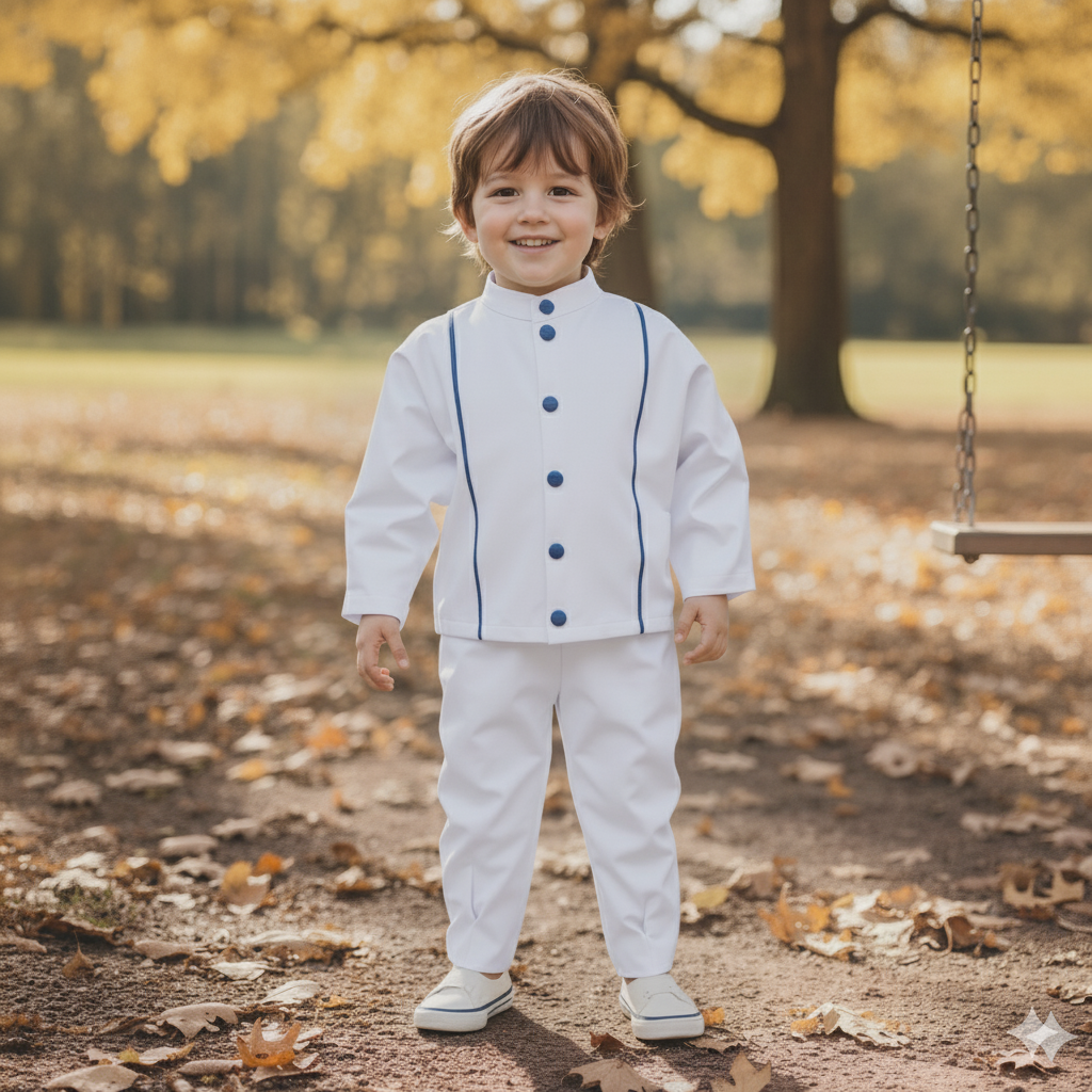 Glow Erkek Çocuk Mavi Düğme Biye Detaylı Ceket ve Beyaz Pantolon Takım