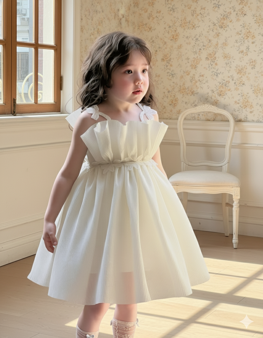 Angel Beyaz Pileli Dantel Detaylı Özel Gün Kız Çocuk Bebek Elbisesi