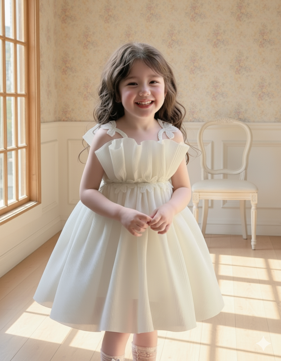 Angel Beyaz Pileli Dantel Detaylı Özel Gün Kız Çocuk Bebek Elbisesi