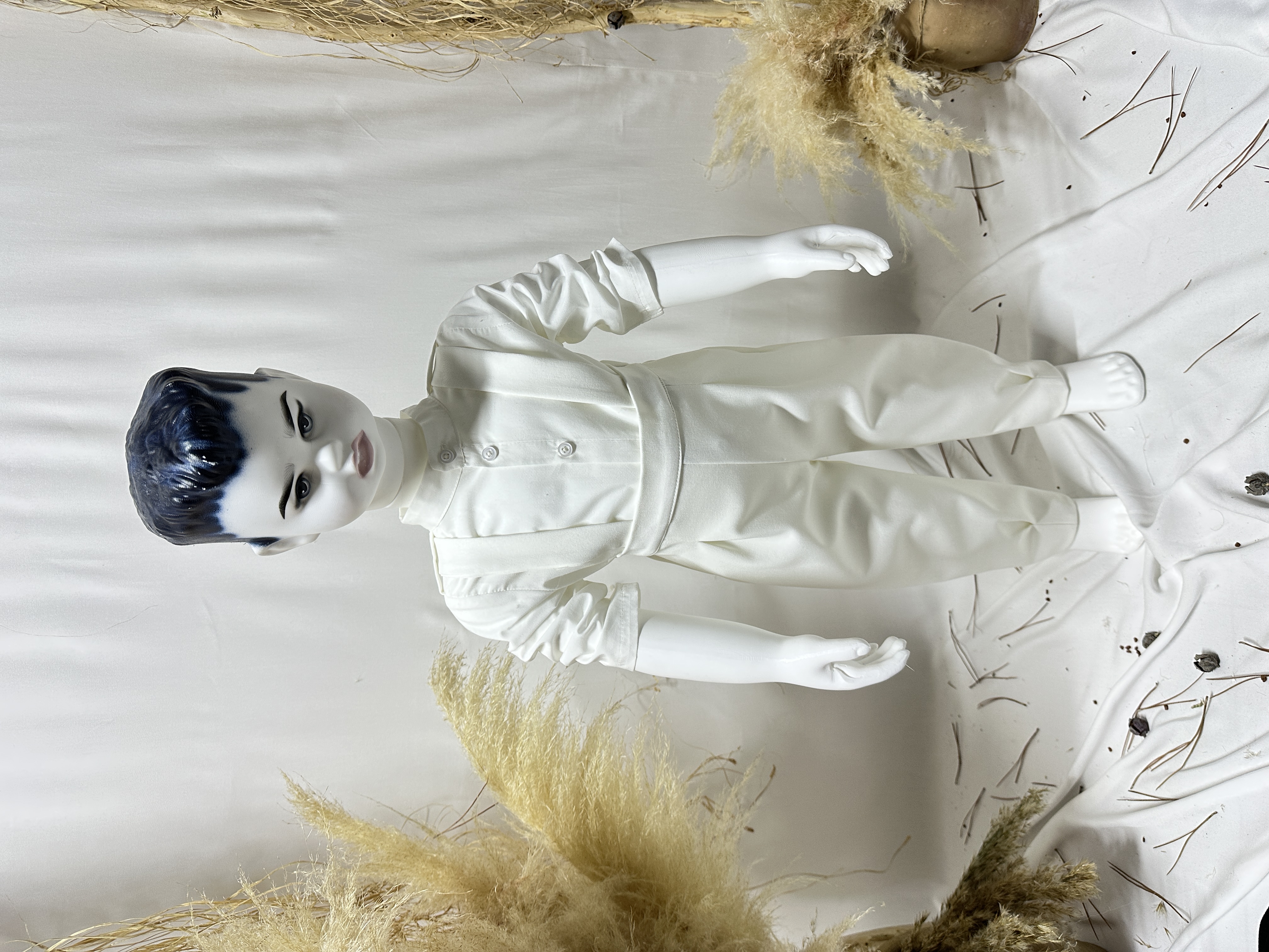 Glow Erkek Çocuk Yelekli Beyaz Gömlek Salopet Pantolon Takım ve Mavi Düğme Cep Detaylı