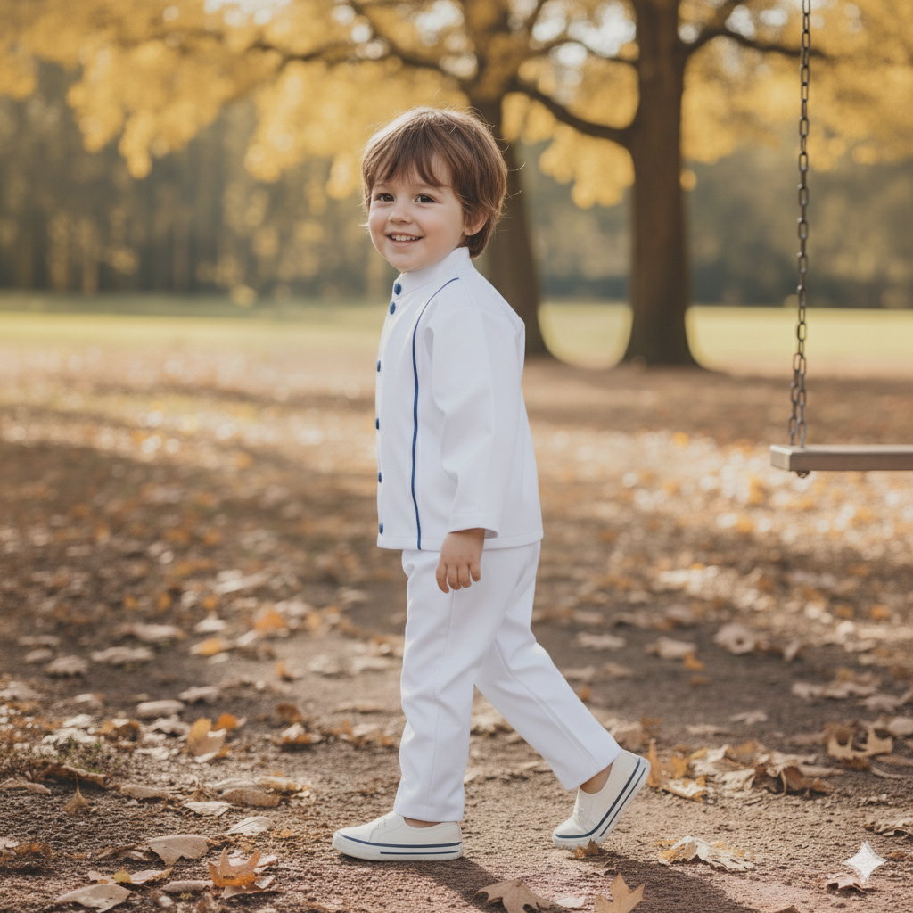 Glow Erkek Çocuk Mavi Düğme Biye Detaylı Ceket ve Beyaz Pantolon Takım