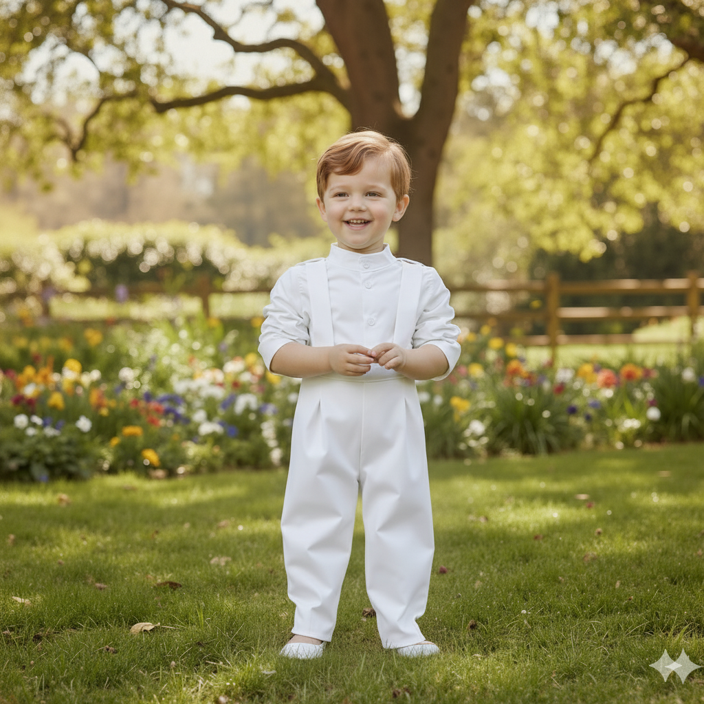 Glow Erkek Çocuk Yelekli Beyaz Gömlek Salopet Pantolon Takım ve Mavi Düğme Cep Detaylı