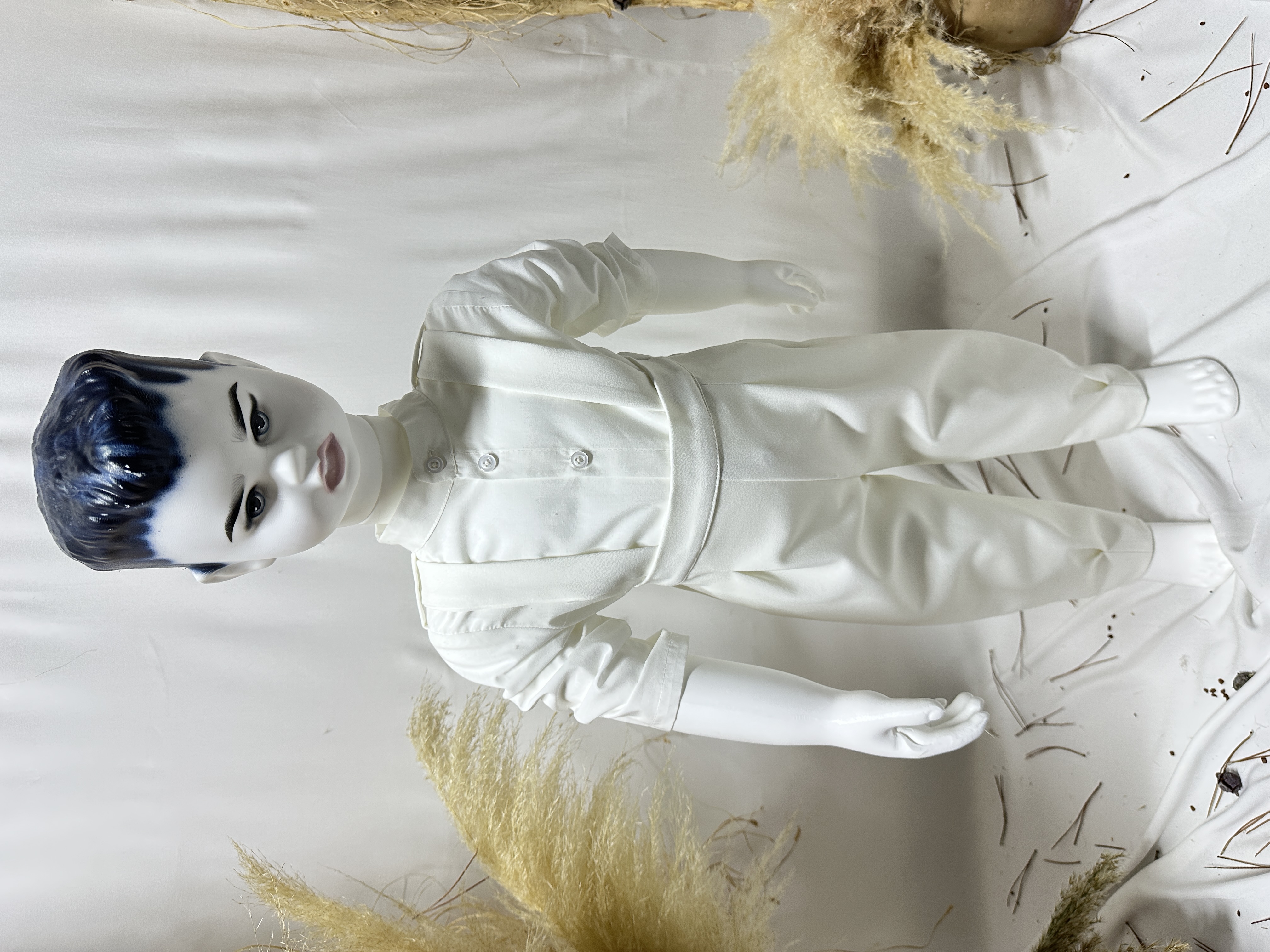 Glow Erkek Çocuk Yelekli Beyaz Gömlek Salopet Pantolon Takım ve Mavi Düğme Cep Detaylı