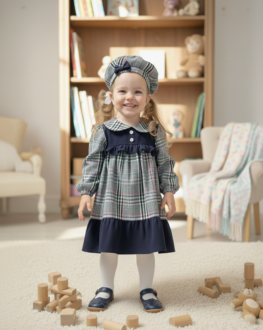 Plaid Lacivert Fırfır Detaylı Ekose Kız Çocuk Bebek Elbisesi
