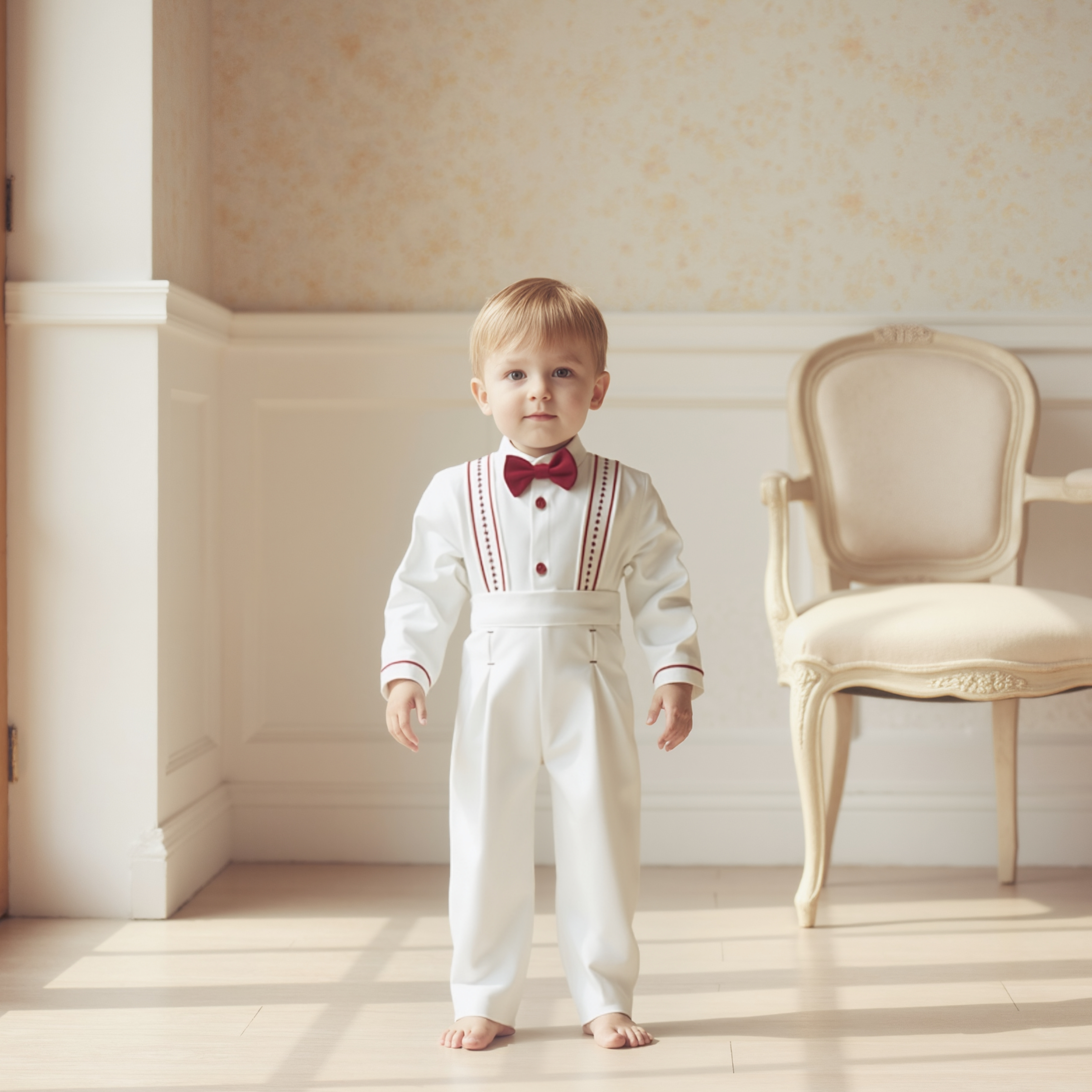 AURA Papyonlu Salopet Takım Beyaz Özel Dikim Erkek Çocuk Düğün Doğum Günü Özel Gün Takımı