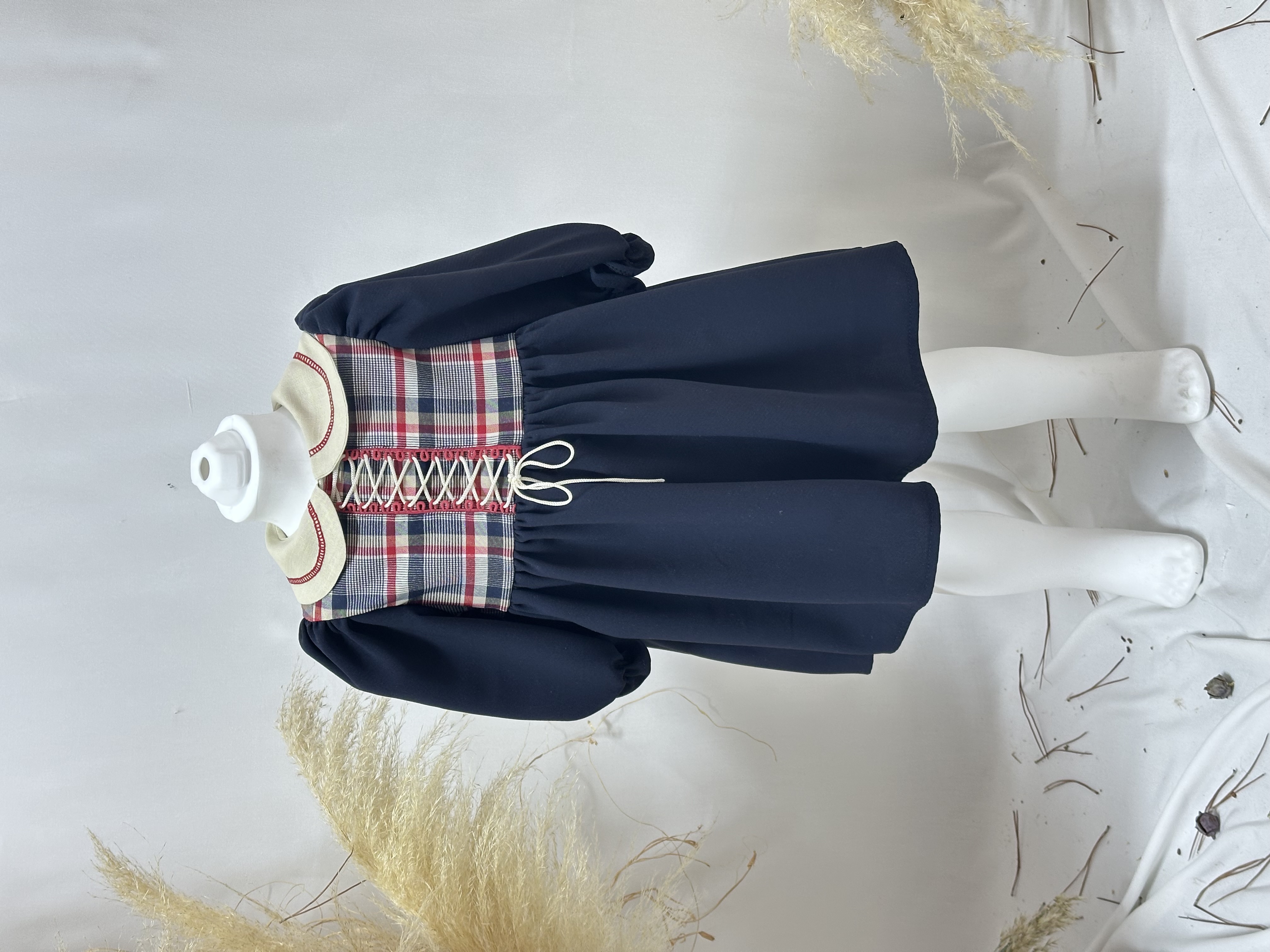 Blend Nakışlı Yakalı Ekose Korsaj Detaylı Lacivert Kız Çocuk Bebek Elbisesi