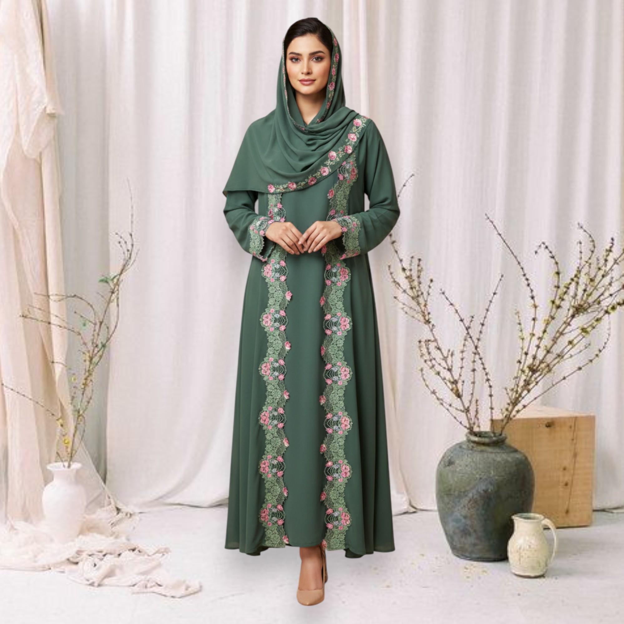 Elegant Green Embroidered Abaya