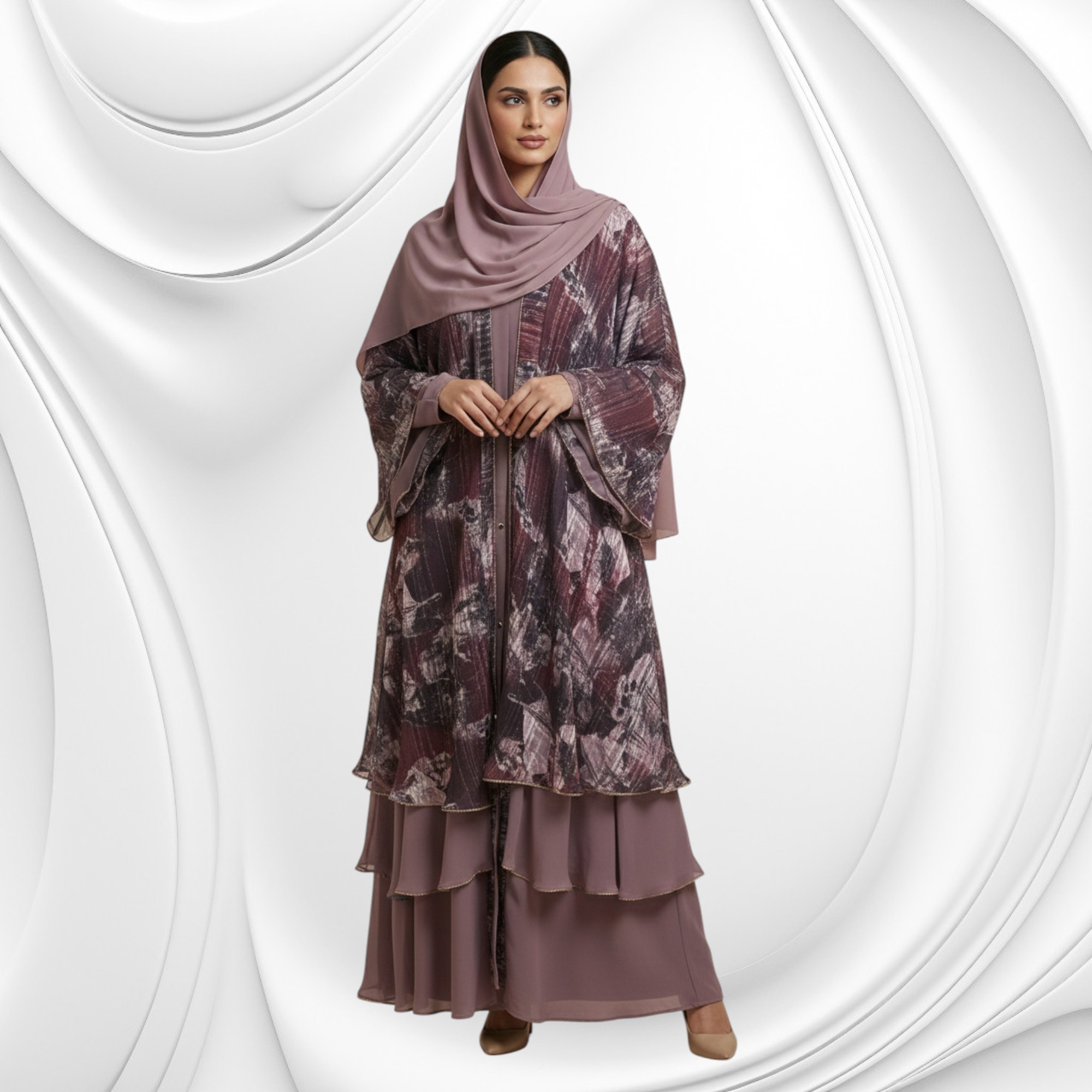 Printed Layered Abaya Set