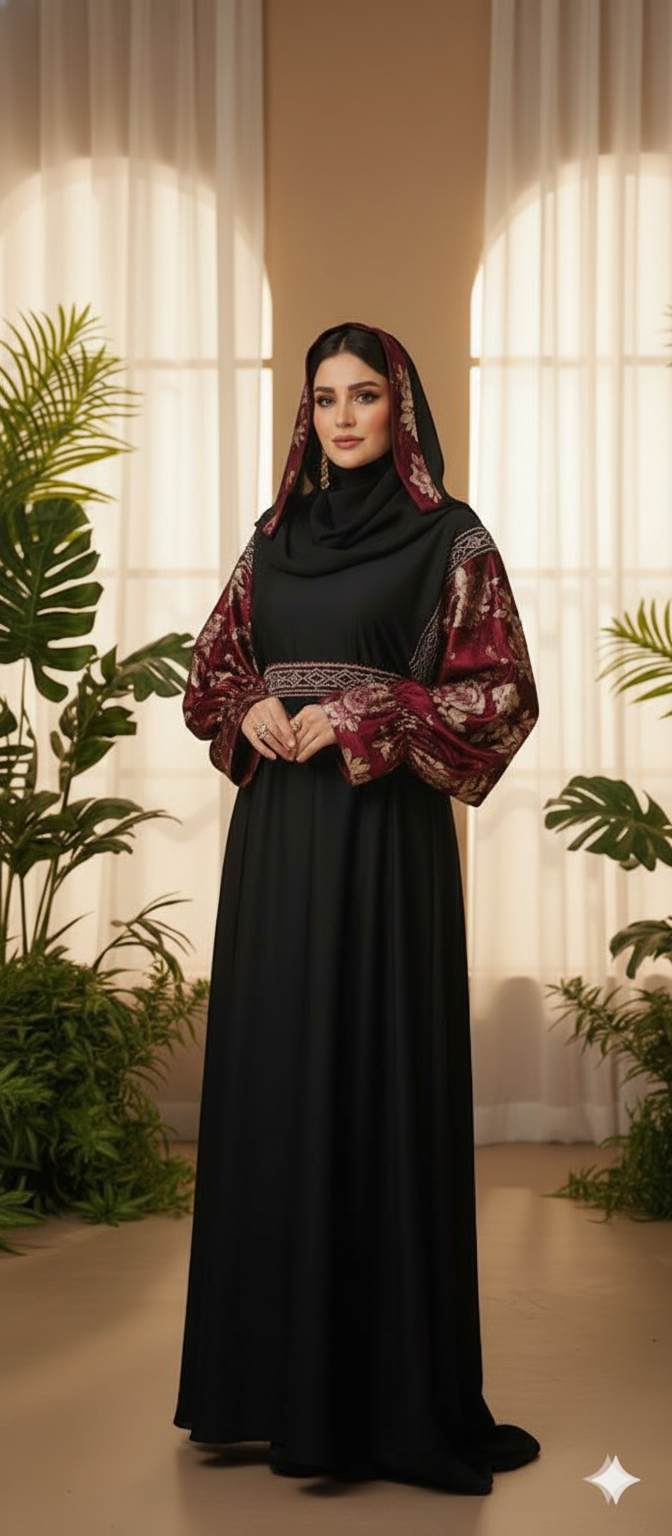 Elegant Black Abaya with Embroidered Sleeves