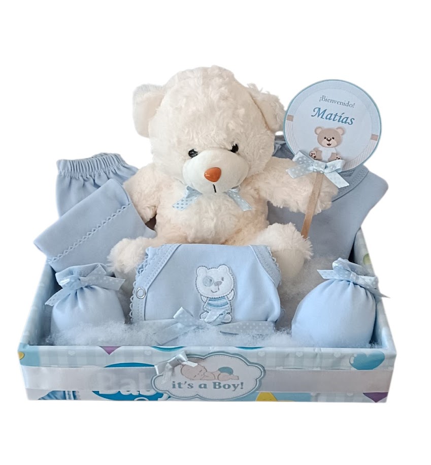 Caja regalo ajuar y peluche para bebé niño