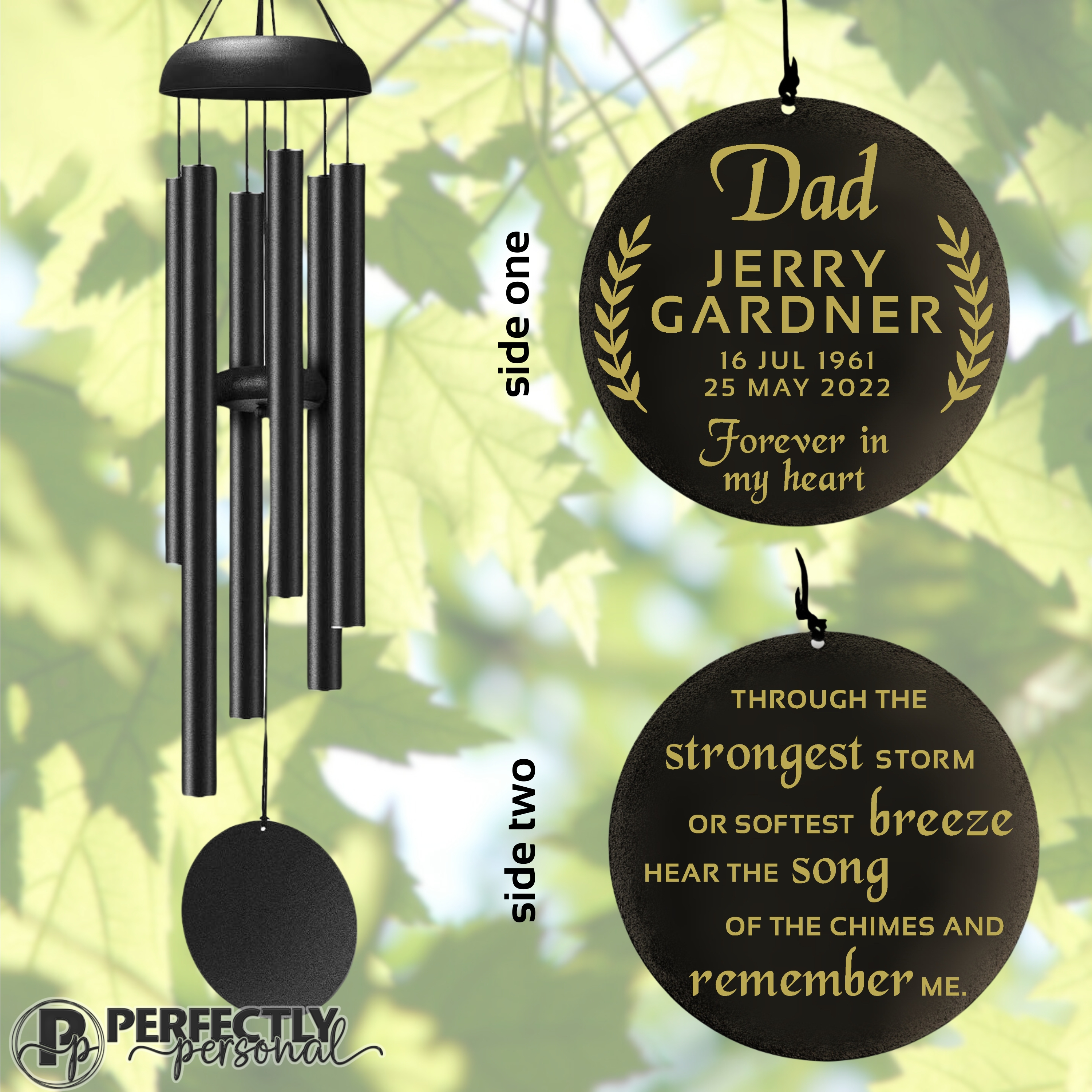 Personalized Memorial Wind Chime, laurel leaf