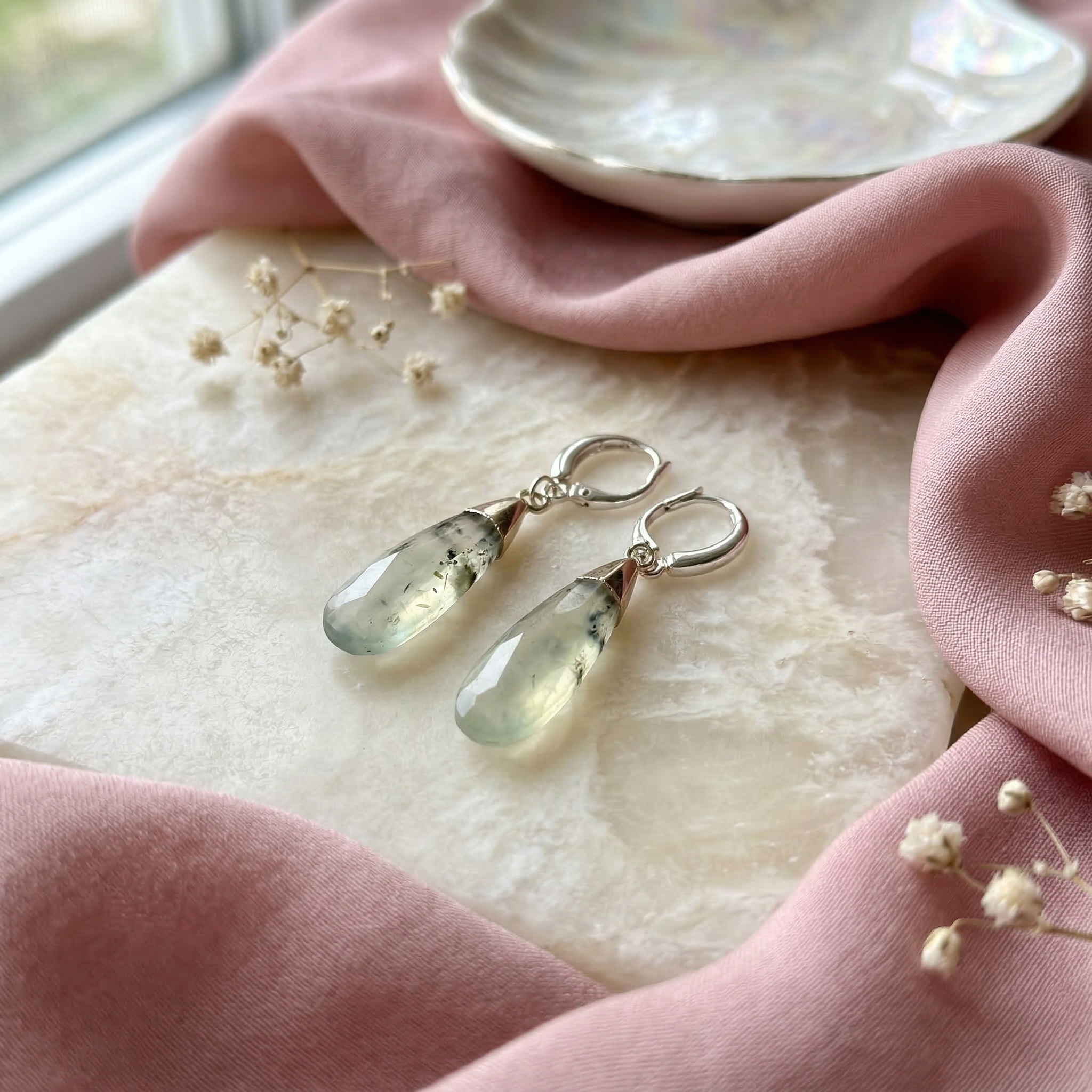 Ethereal Prehnite Dangle Earrings – Leverback Closurer