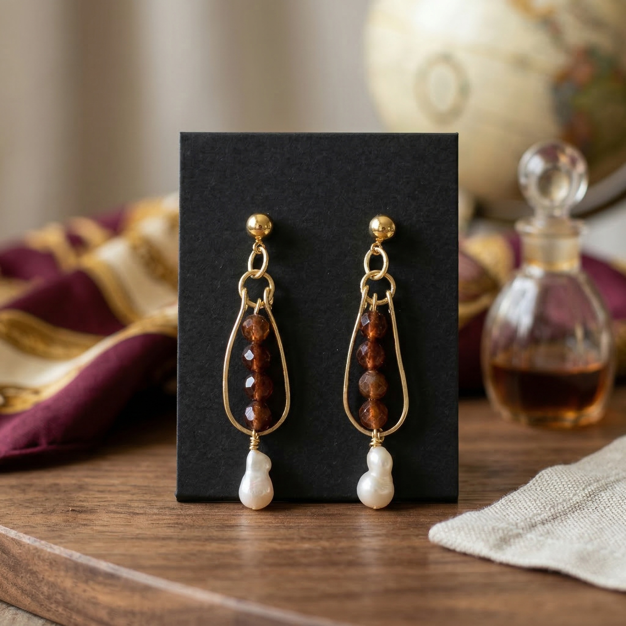 Gold Bead & Pearl Drop Earrings