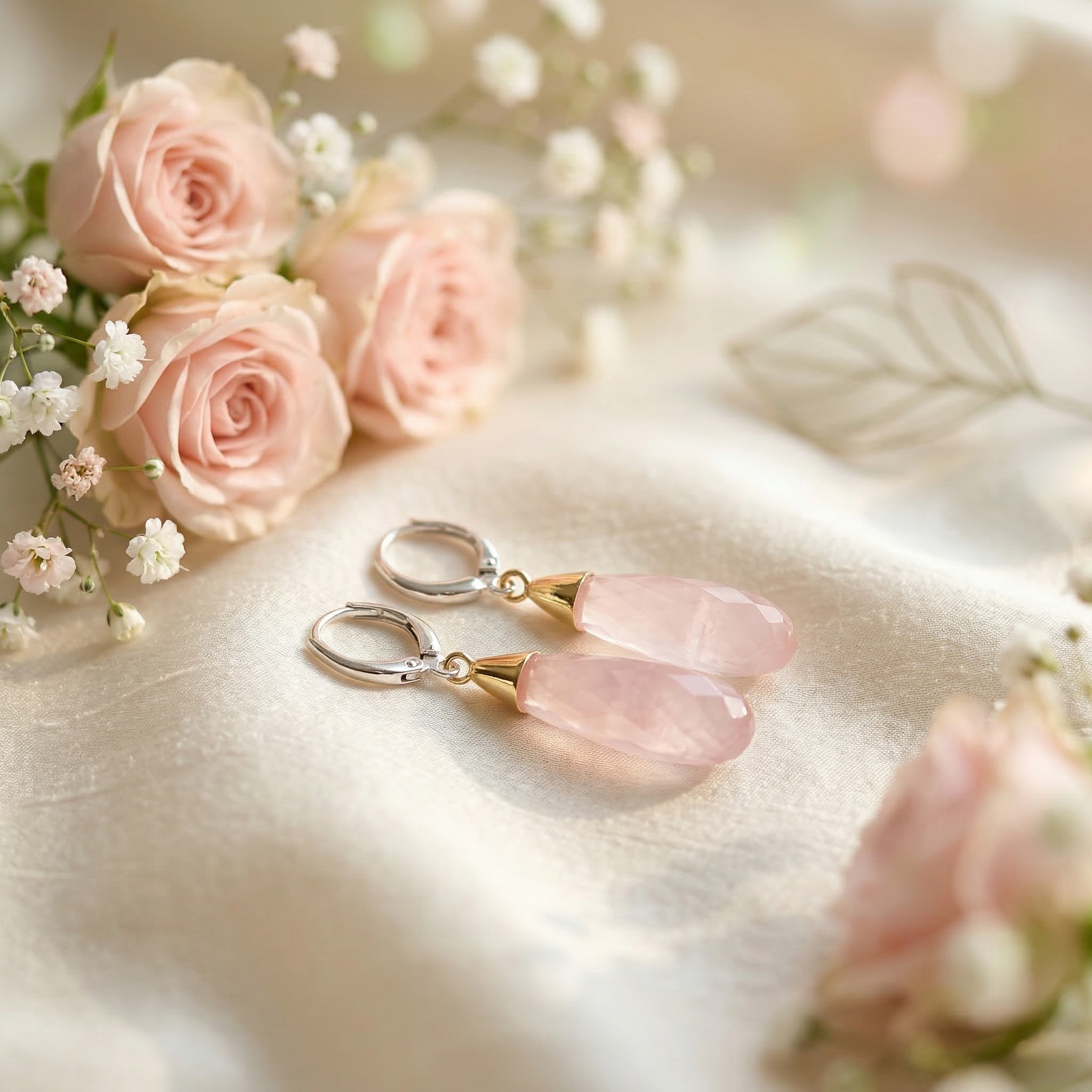 Elegant Rose Quartz drop earrings with leverback closure