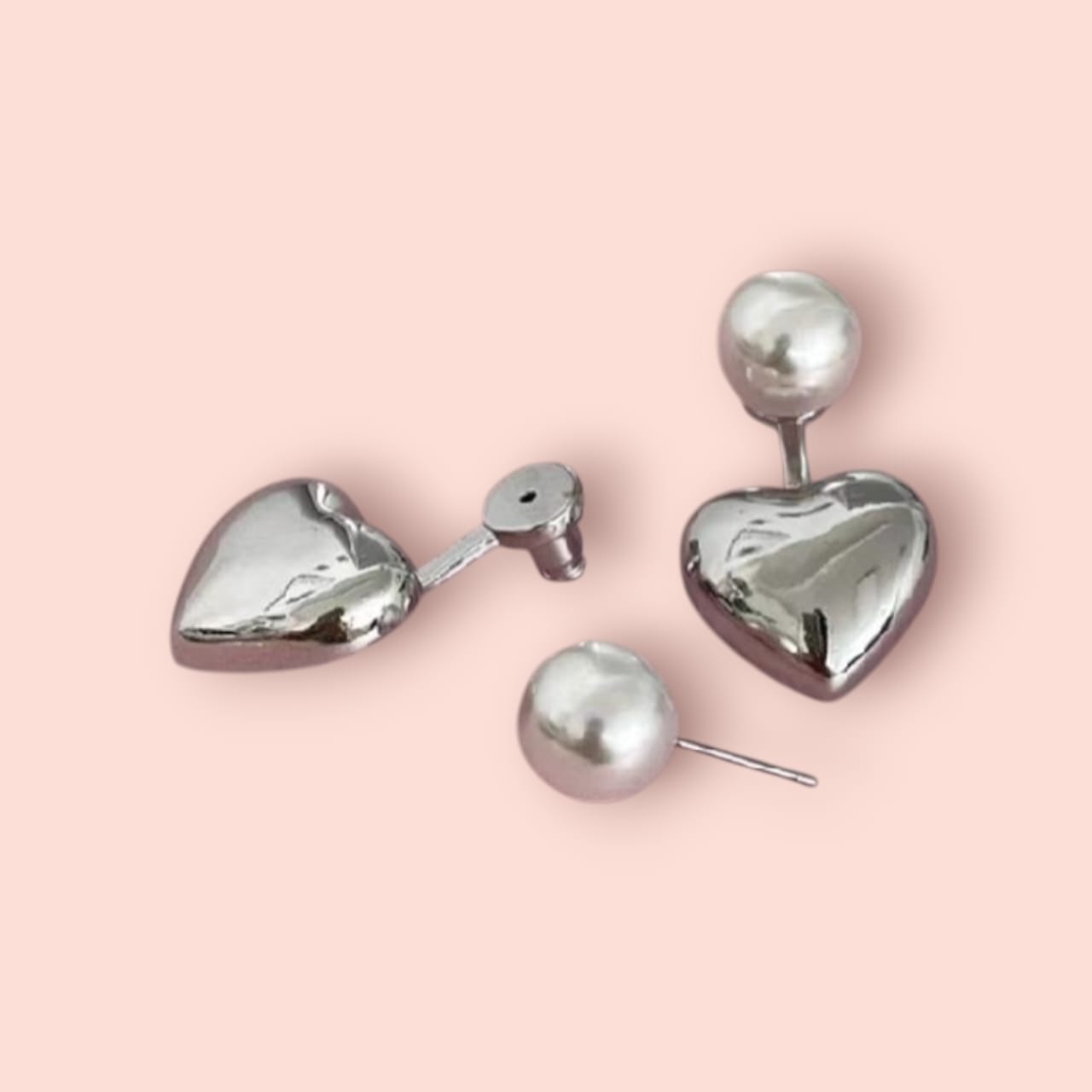 Silver Heart Pearl Stud Earrings