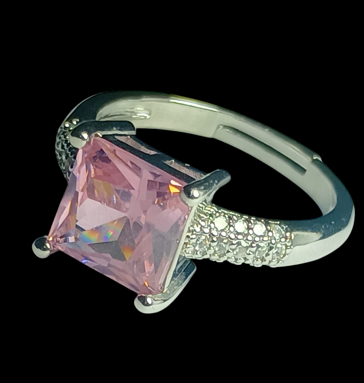 Elegant Silver color Pink Square Solitaire Ring for Women | Hypoallergenic Anti-Tarnish Fancy Engagement Ring