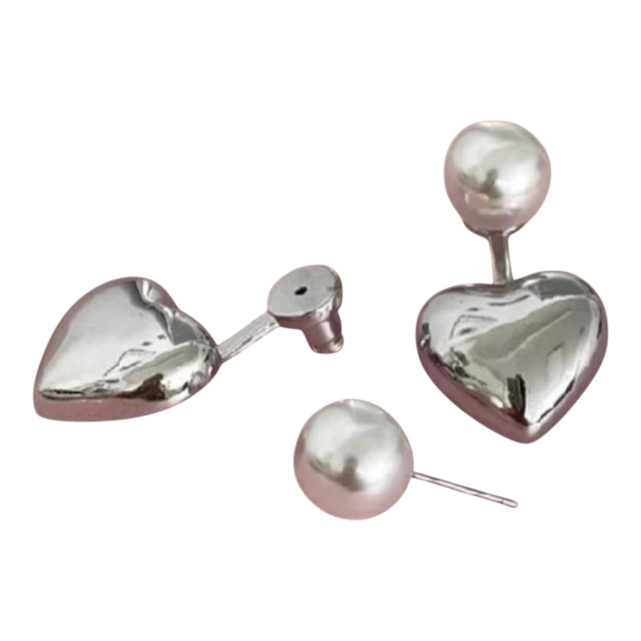 Silver Heart Pearl Stud Earrings