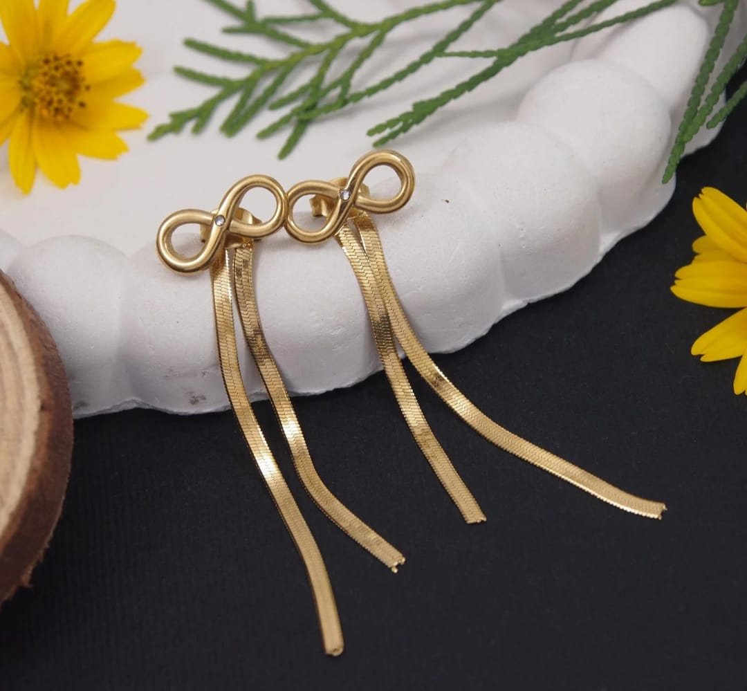 Gold Infinity Double Herringbone Chain Drop Earrings