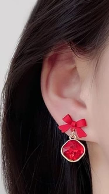 Red Bow Crystal Dangle Earrings | Hypoallergenic Gold Plated Western Party Wear Anti-Tarnish 