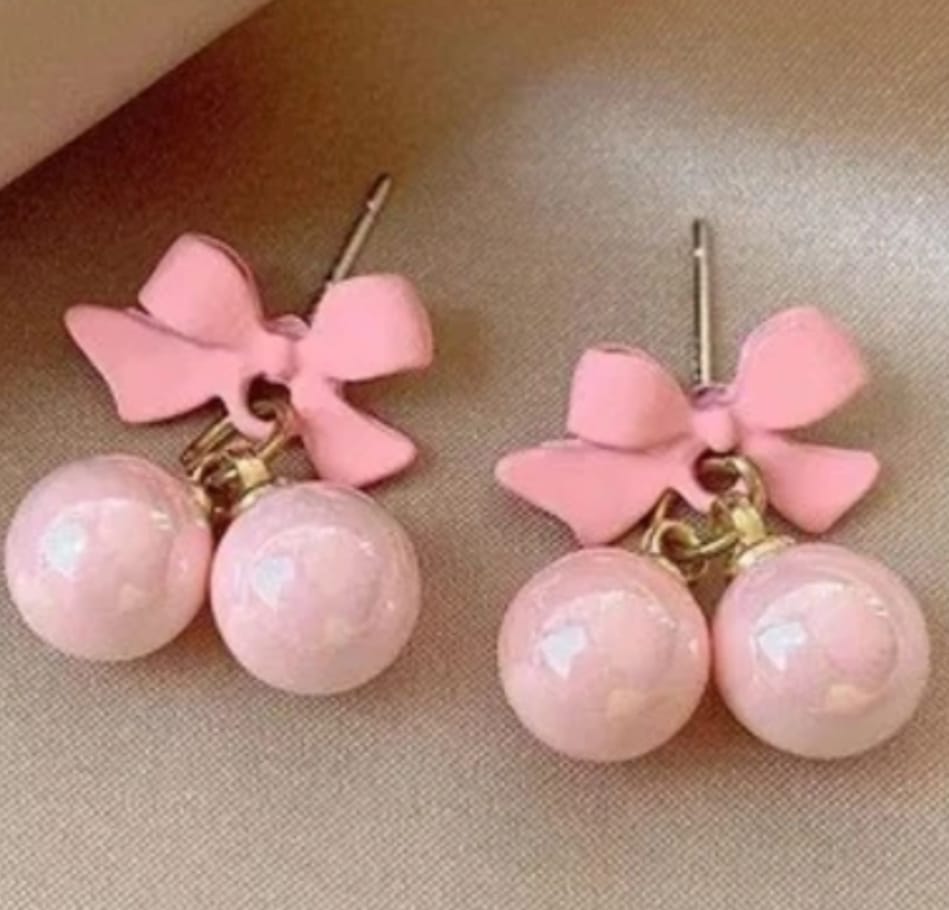 Pink Bow & Pearl Stud Earrings