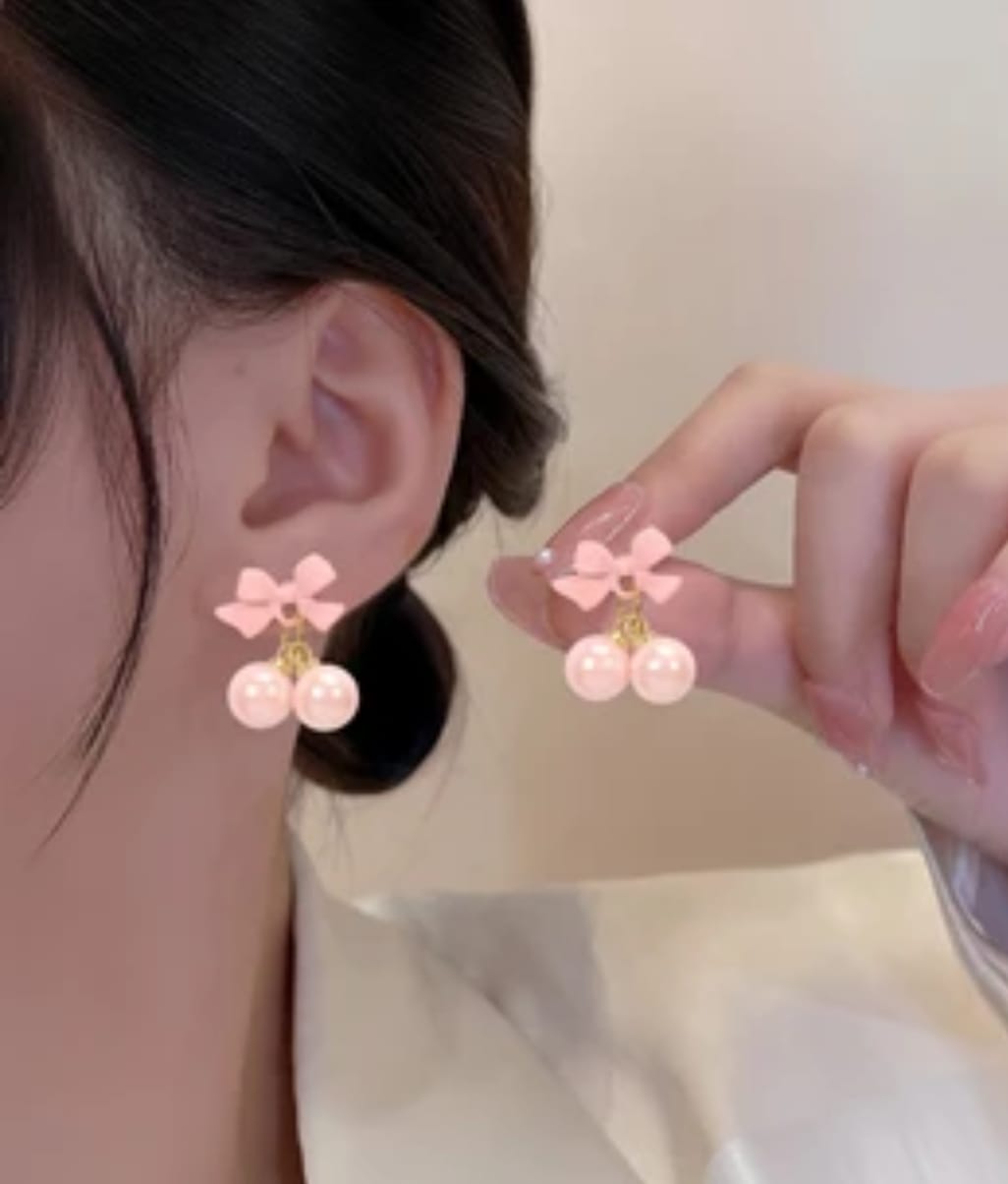 Pink Bow & Pearl Stud Earrings
