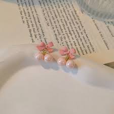 Pink Bow & Pearl Stud Earrings