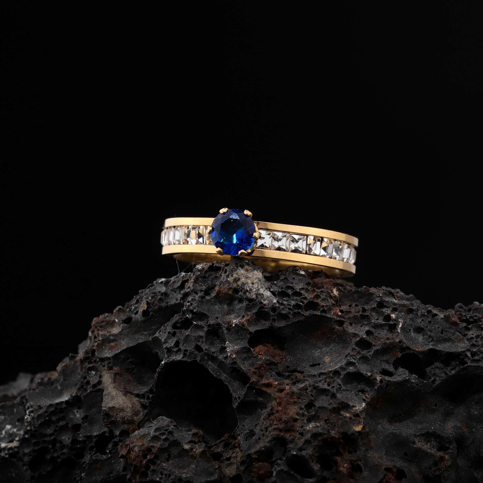 Luxurious Gold Plated Blue Sapphire Solitaire Ring for Women | Stainless Steel Cubic Zirconia Statement Ring