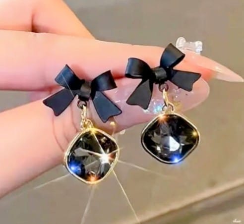 Anti-Tarnish Black Bow Dangle Earrings for Girls | Hypoallergenic Crystal Stone | Western