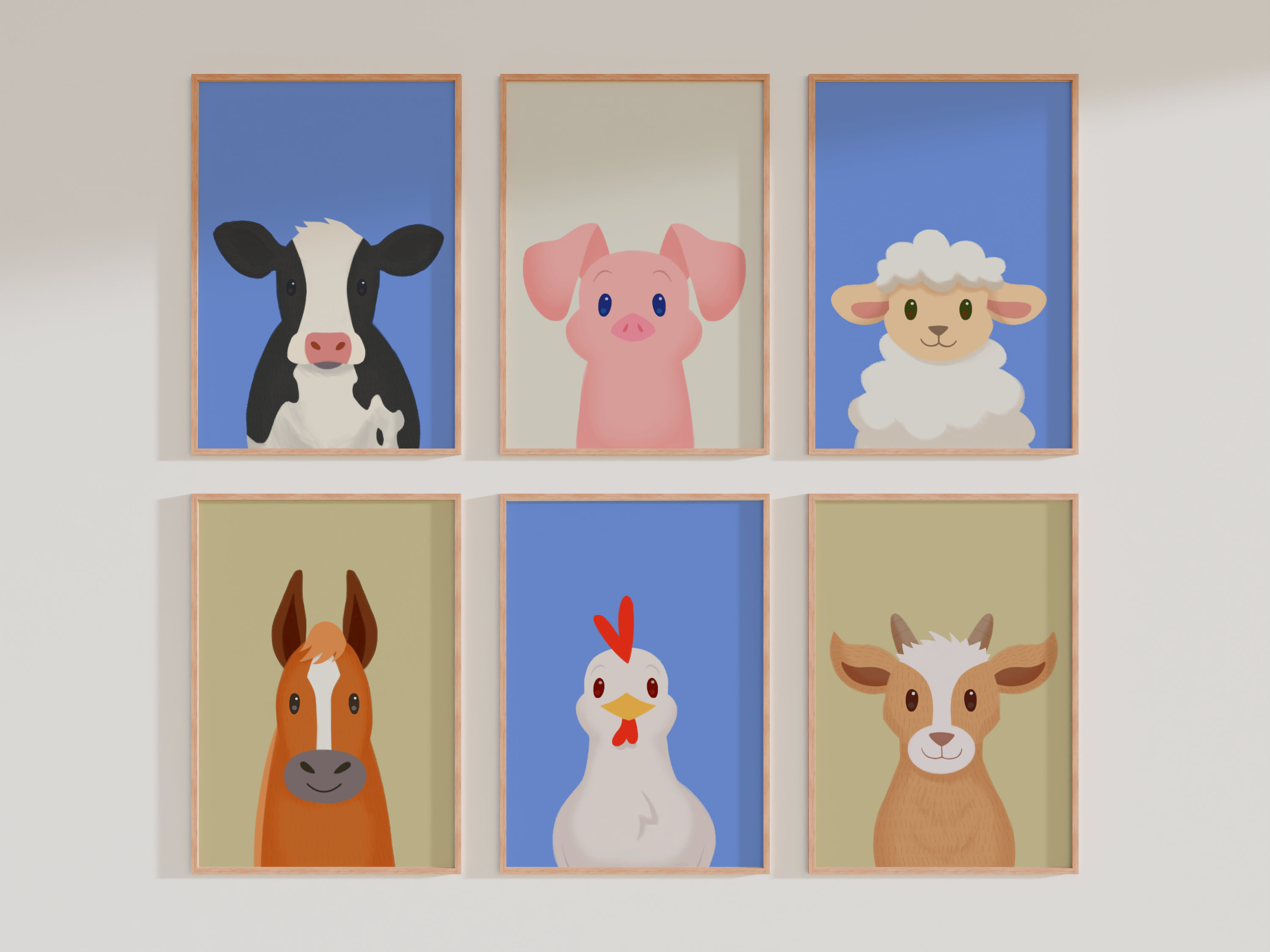 Farm Animals Wall Art Set - Printable Nursery Illustrations (6-Piece Set)