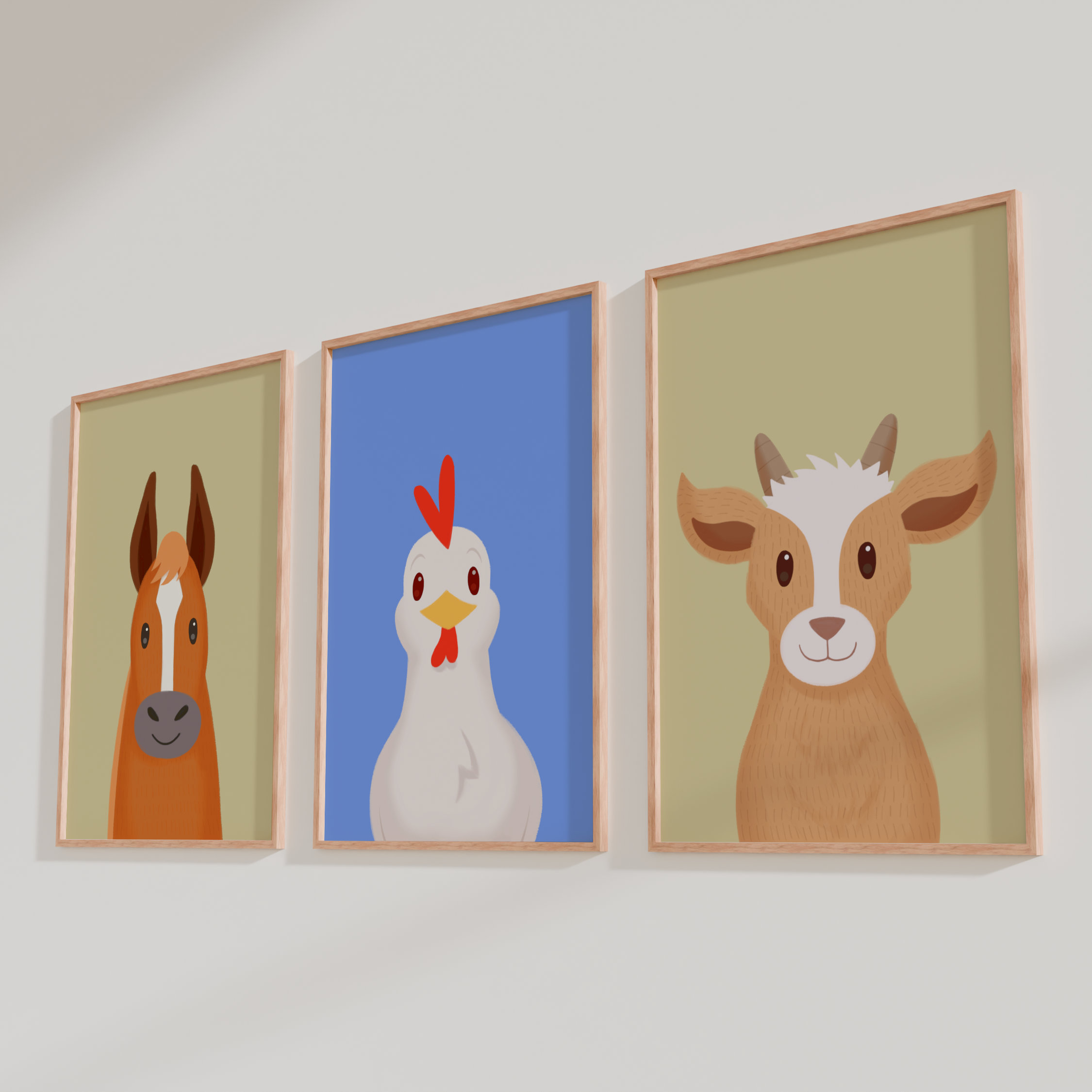 Farm Animals Wall Art Set - Printable Nursery Illustrations (6-Piece Set)