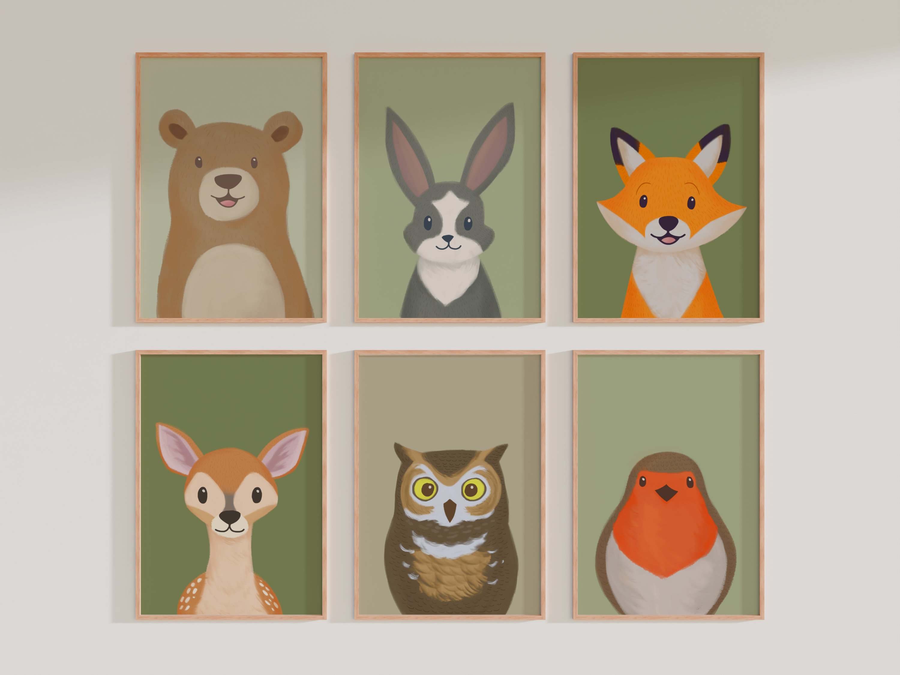 Woodland Animals Wall Art Set - Printable Nursery Illustrations (6-Piece Set)